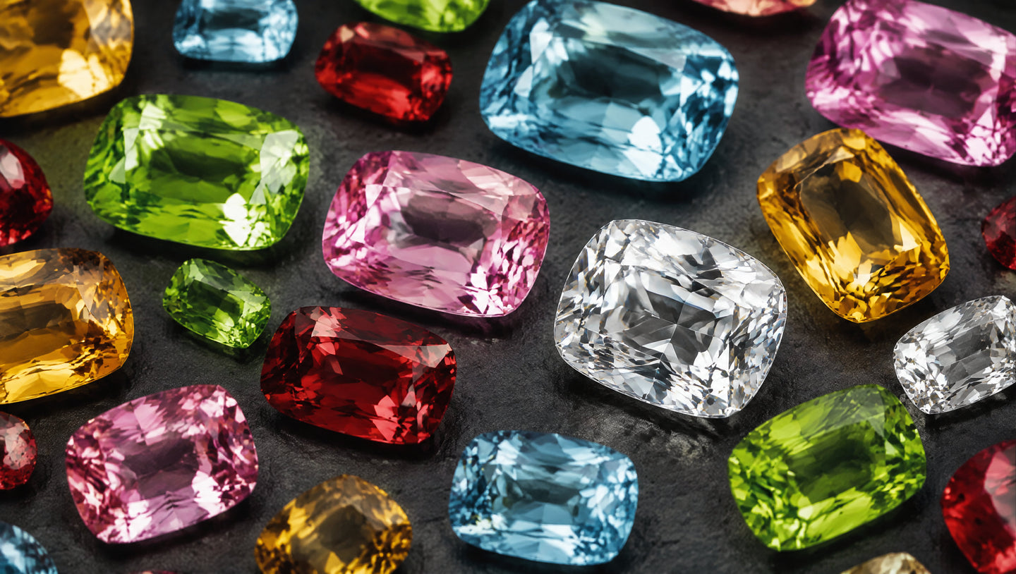Loose colored gemstones in cushion cuts laid out on dark slate