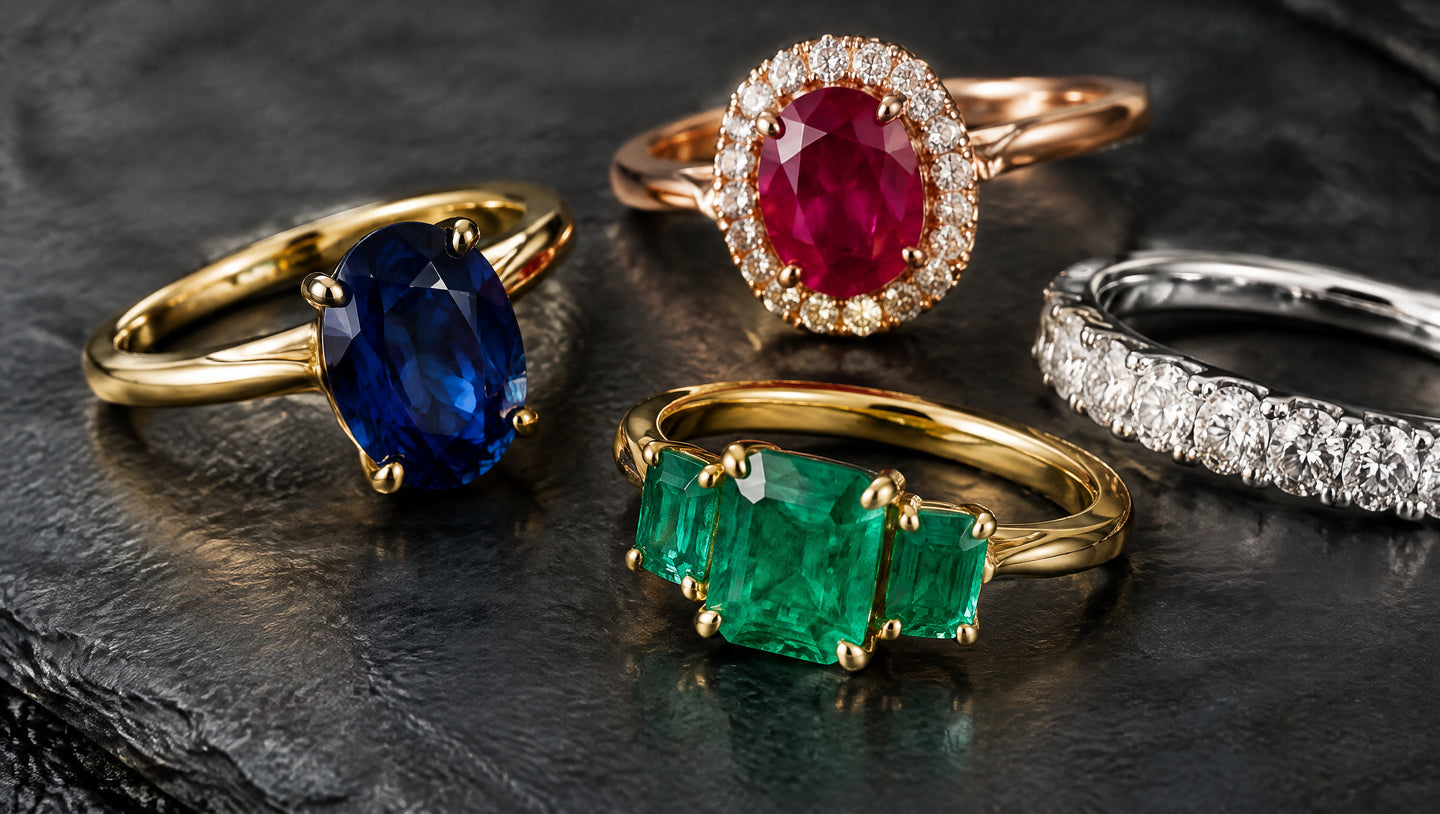 Gold rings set with sapphire, ruby and emerald on dark slate