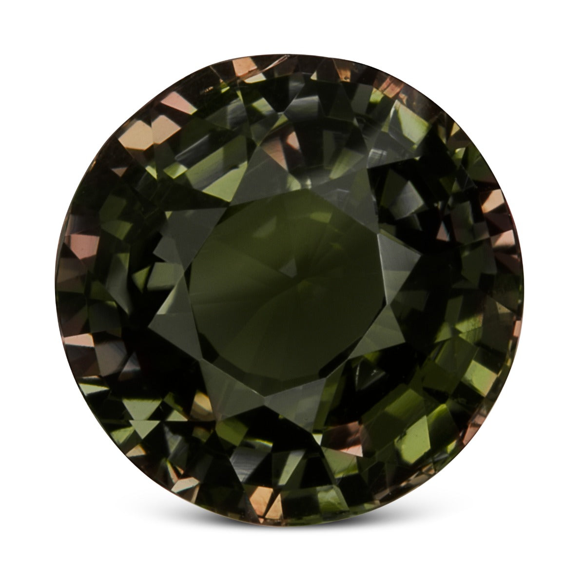 Round brilliant-cut alexandrite from Sri Lanka on a white background, showing a dark grayish olive green body with flashes of brownish pink and orange in the facets