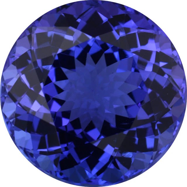 Round brilliant-cut violet-blue tanzanite photographed face-up at Sapphire Row, its crown facets showing bright, evenly distributed light return and no window