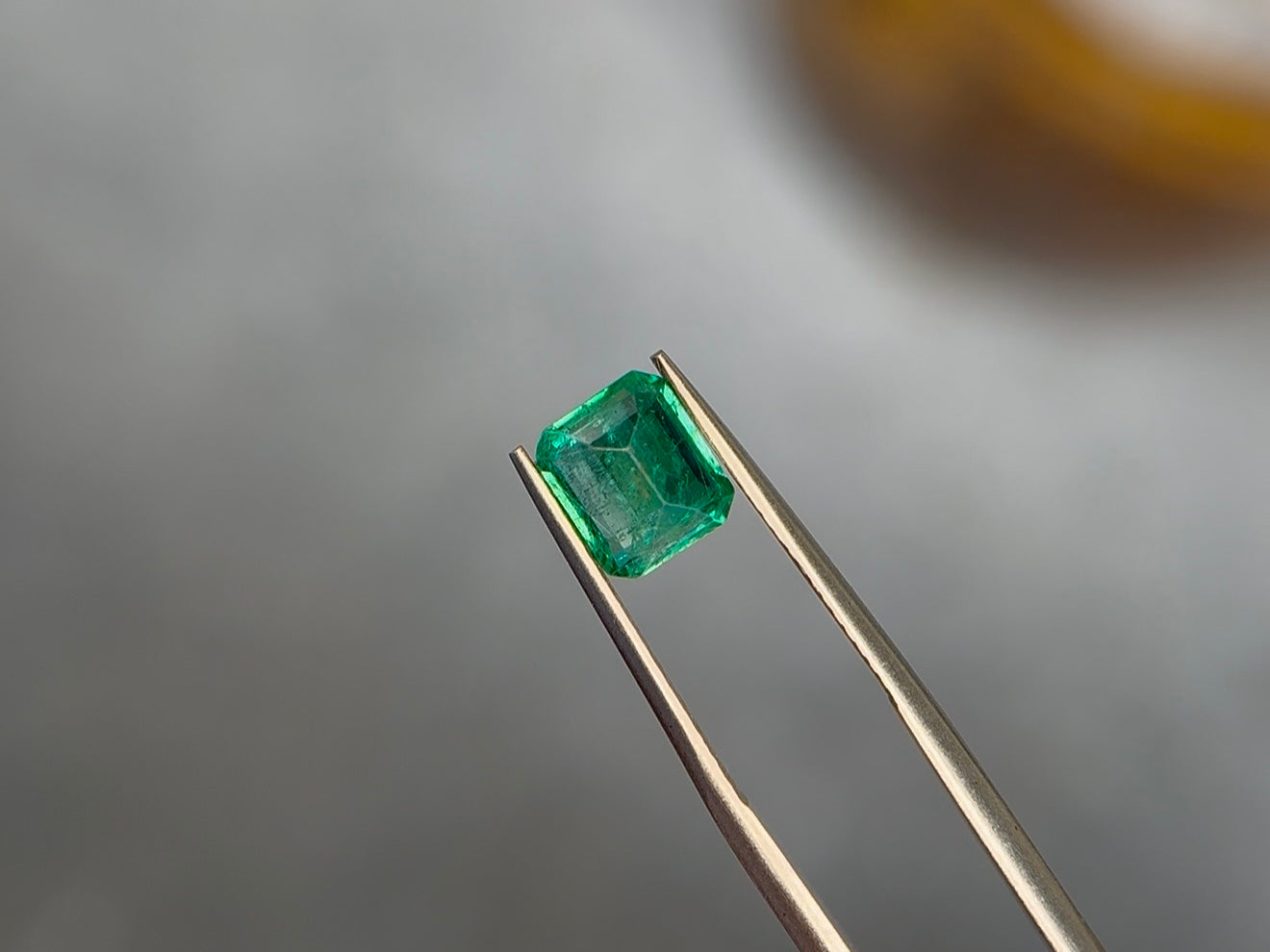 Emerald-cut vivid slightly bluish green emerald held in warm gold-toned tweezers, showing whitish jardin veils and mossy internal texture across the table
