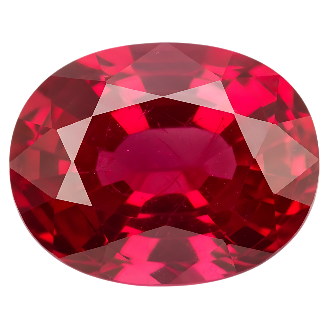 Oval mixed-cut red gemstone photographed face-up against a pale gray background at Sapphire Row, showing a vivid slightly purplish red with bright crown facets and a deeper crimson core
