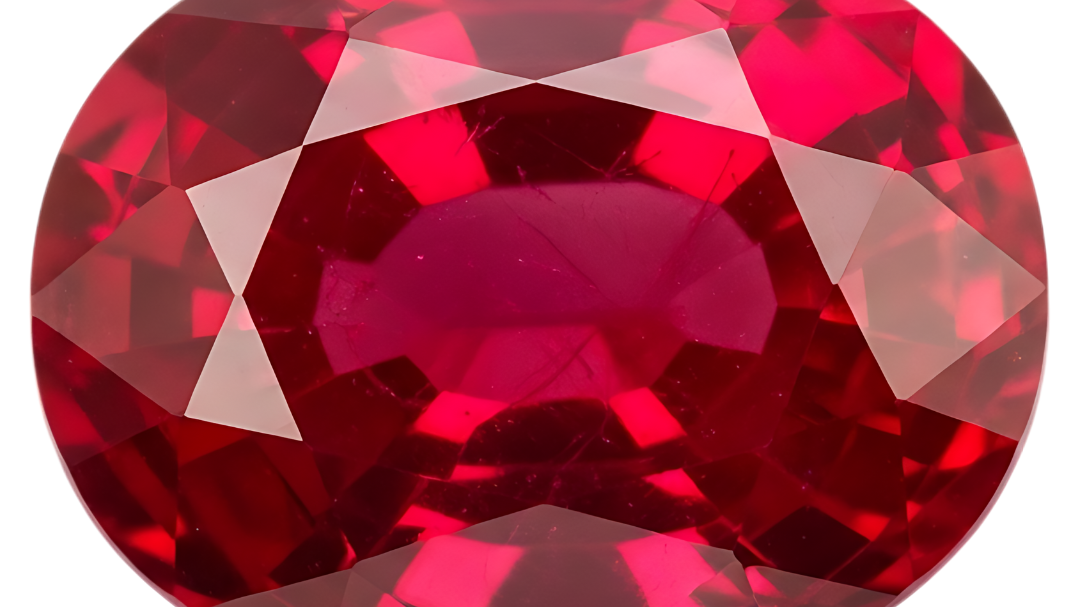 Oval mixed-cut red gemstone photographed face-up against a pale gray background at Sapphire Row, showing a vivid slightly purplish red with bright crown facets and a deeper crimson core
