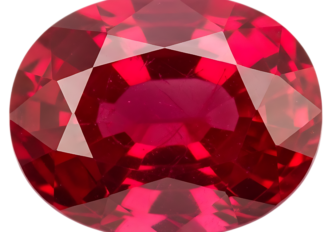 Oval mixed-cut red gemstone photographed face-up against a pale gray background at Sapphire Row, showing a vivid slightly purplish red with bright crown facets and a deeper crimson core