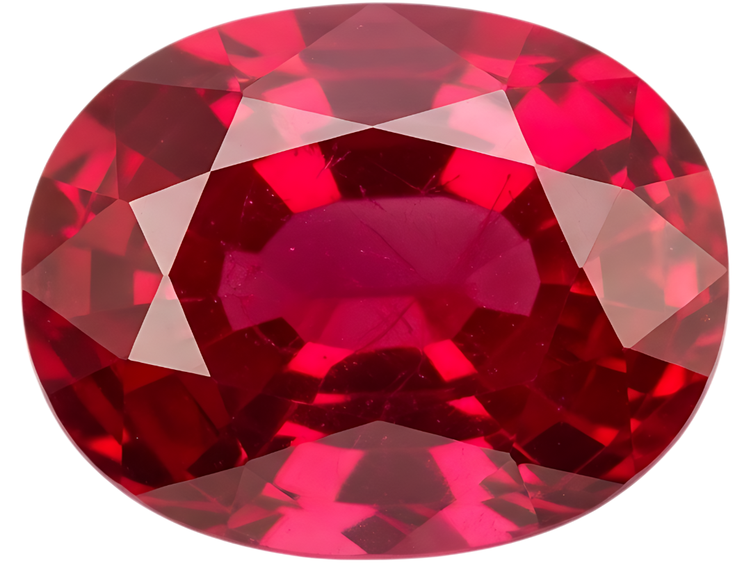 Oval mixed-cut red gemstone photographed face-up against a pale gray background at Sapphire Row, showing a vivid slightly purplish red with bright crown facets and a deeper crimson core