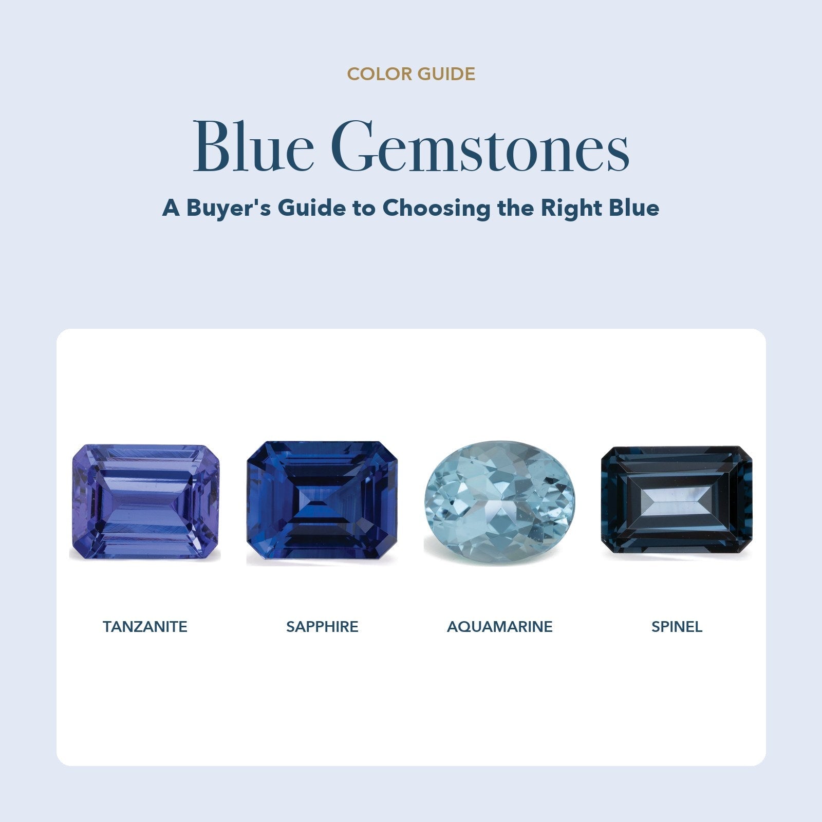 Blue Gemstones: blue tanzanite, blue sapphire, blue aquamarine and blue spinel on a white card over a soft blue page