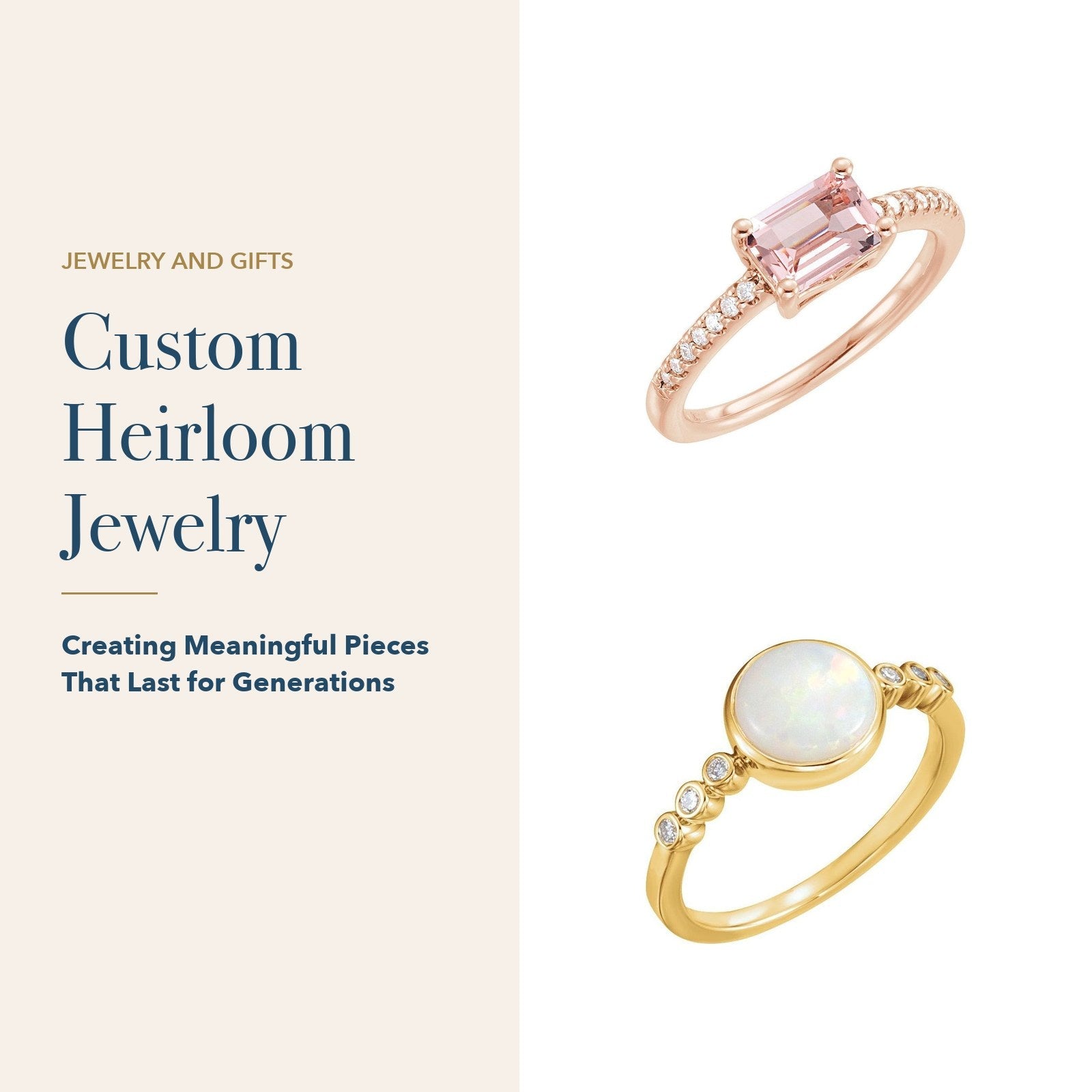 Custom Heirloom Jewelry: pink morganite east-west accented ring and white opal bezel & diamond station ring beside the title