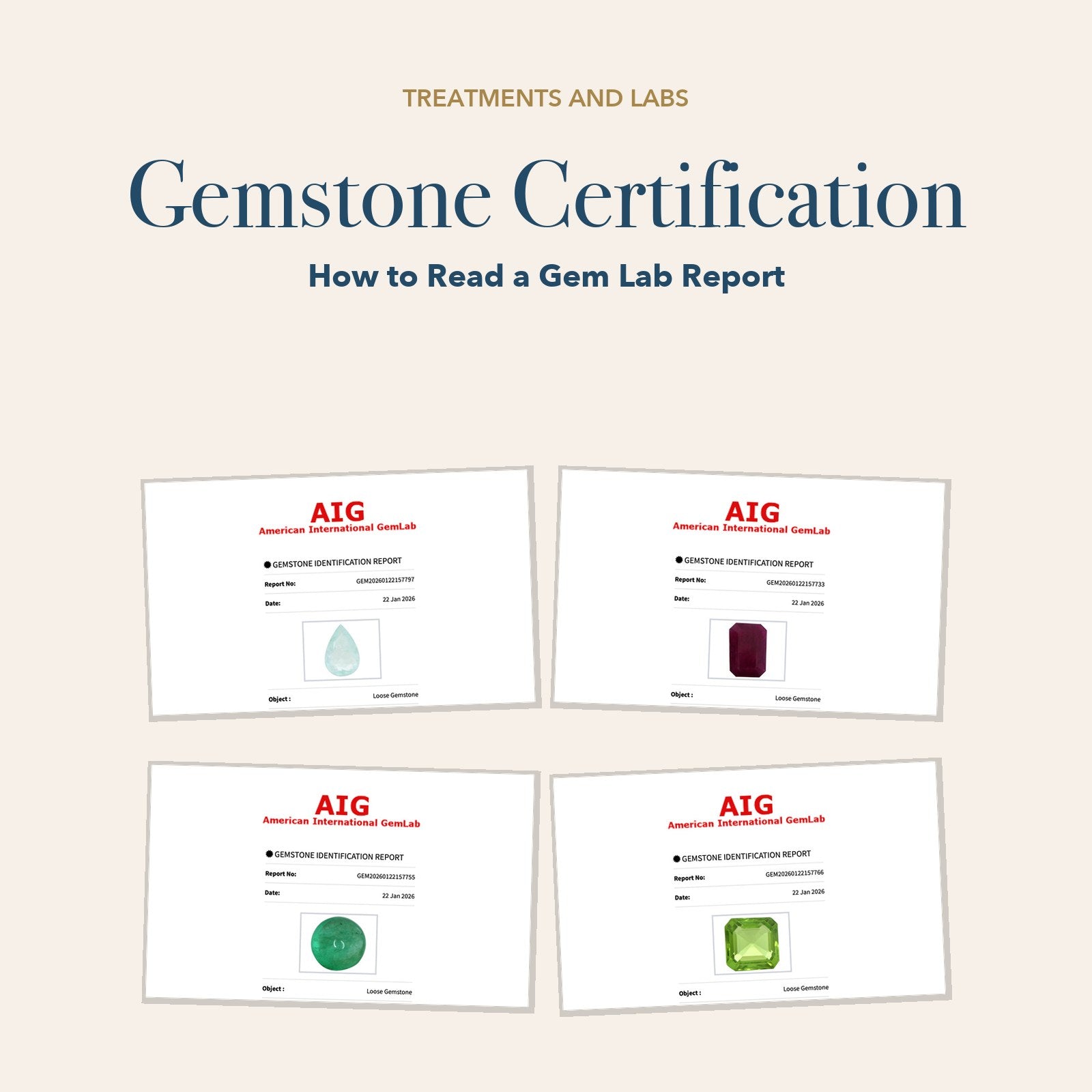 Gemstone Certification: lab reports for a Paraiba tourmaline, a ruby, an emerald and a peridot fanned out under the title