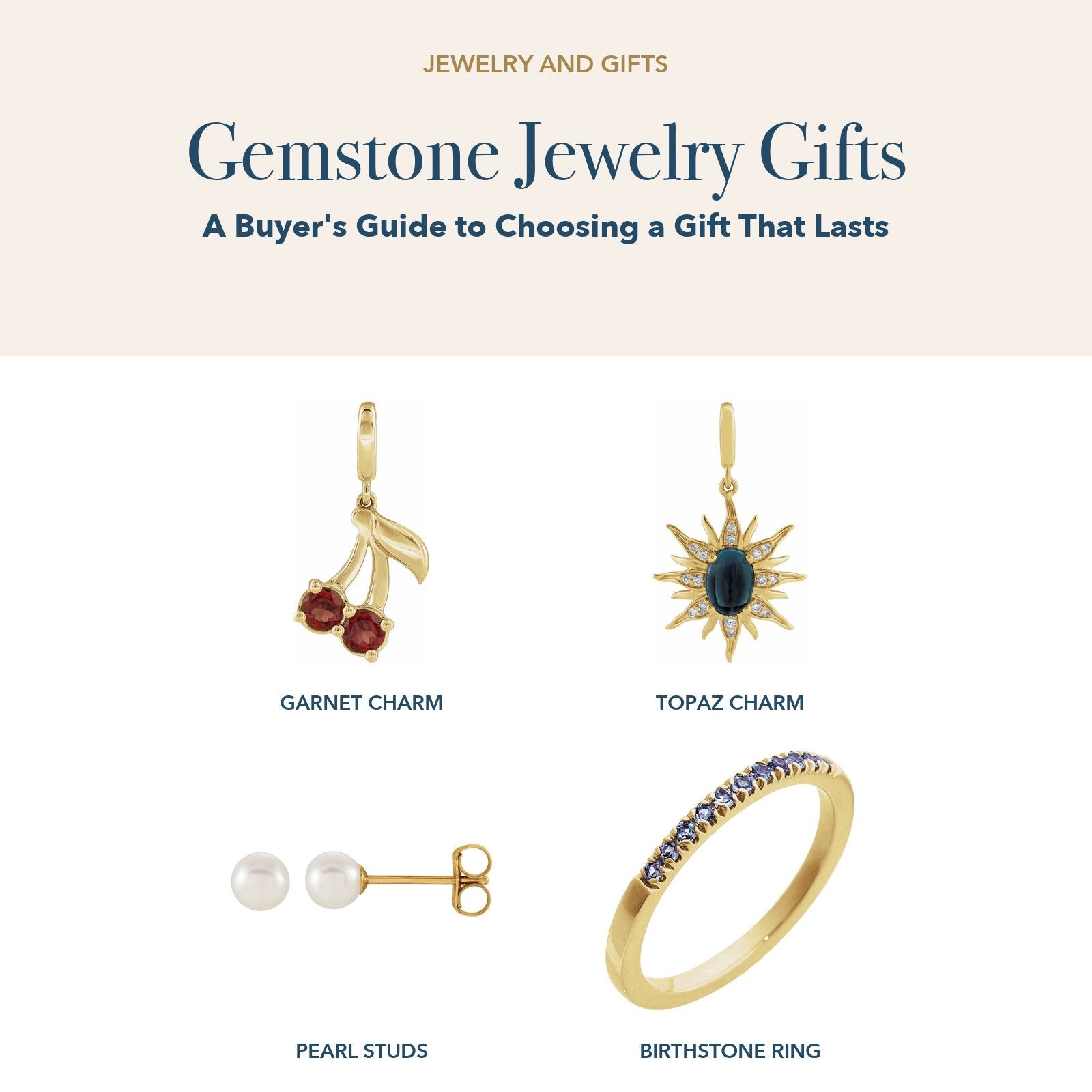 Gemstone Jewelry Gifts: garnet cherry charm, London blue topaz sun charm, cultured freshwater pearl stud earrings and birthstone stacking ring in a grid