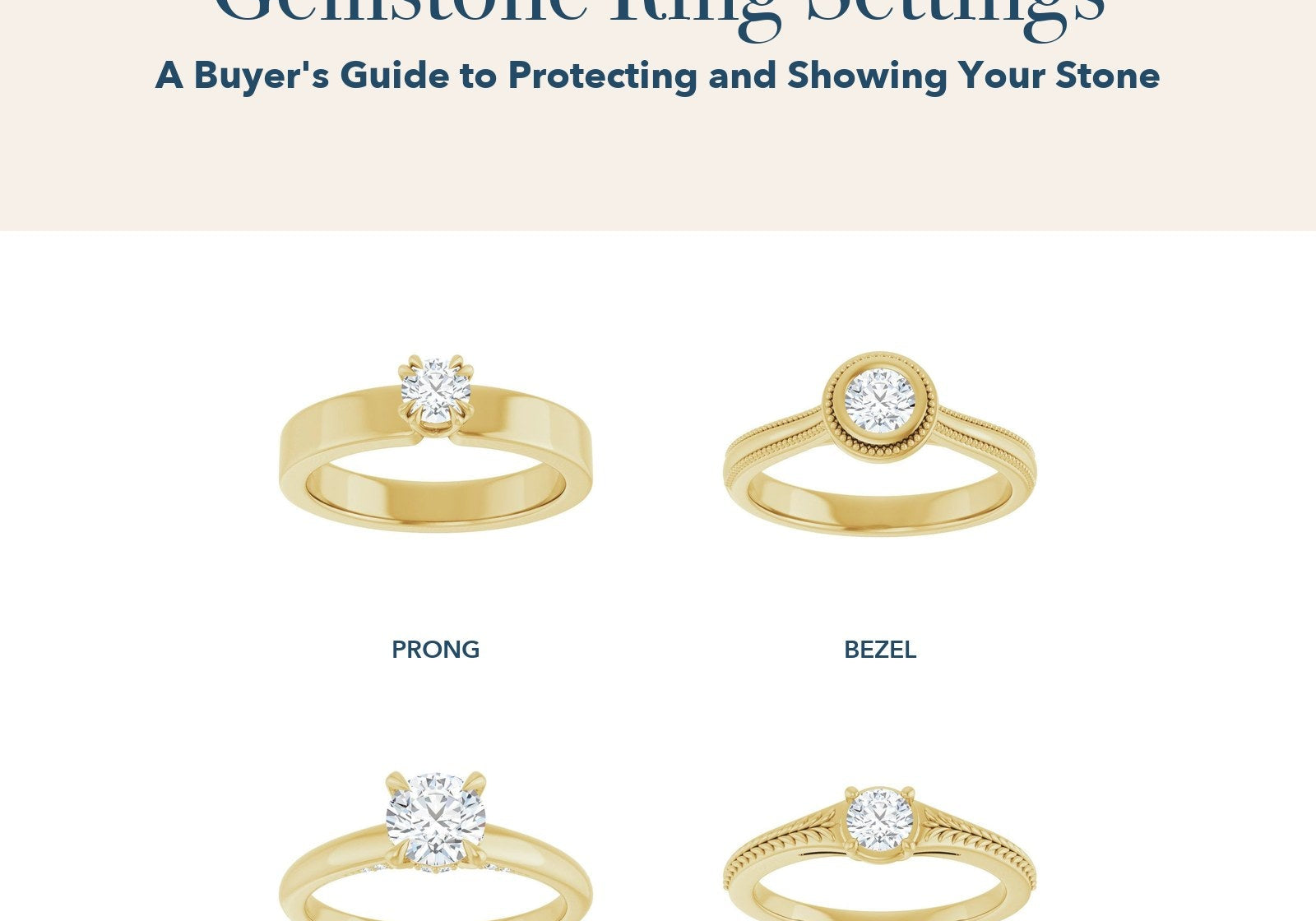 Gemstone Ring Settings: prong, bezel, halo and flush engagement ring settings in a grid