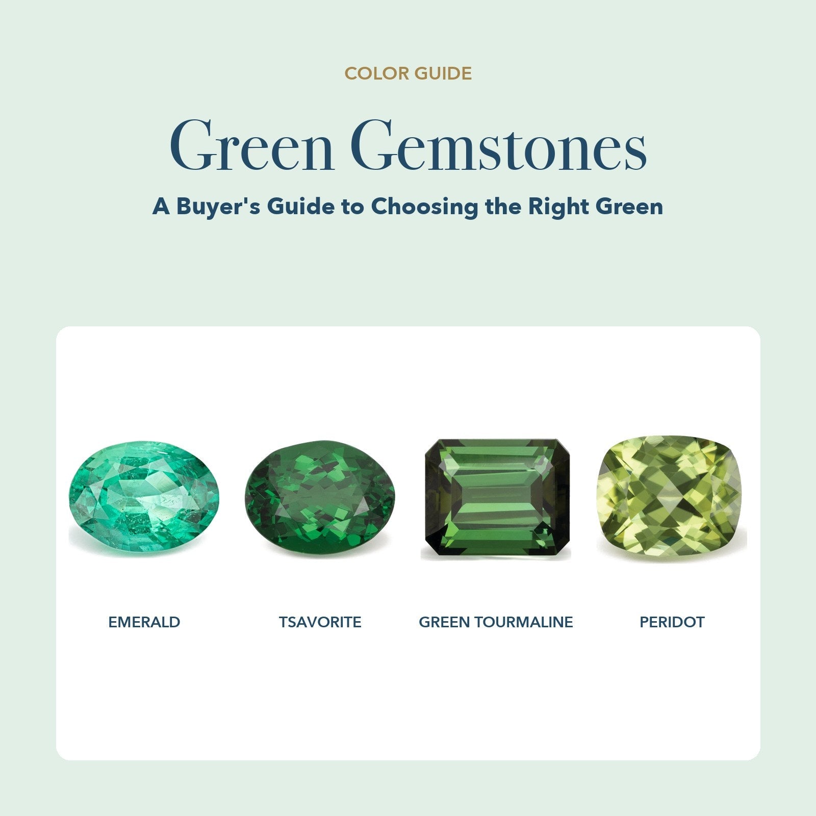 Green Gemstones: green emerald, green tsavorite garnet, green tourmaline and green peridot on a white card over a soft green page