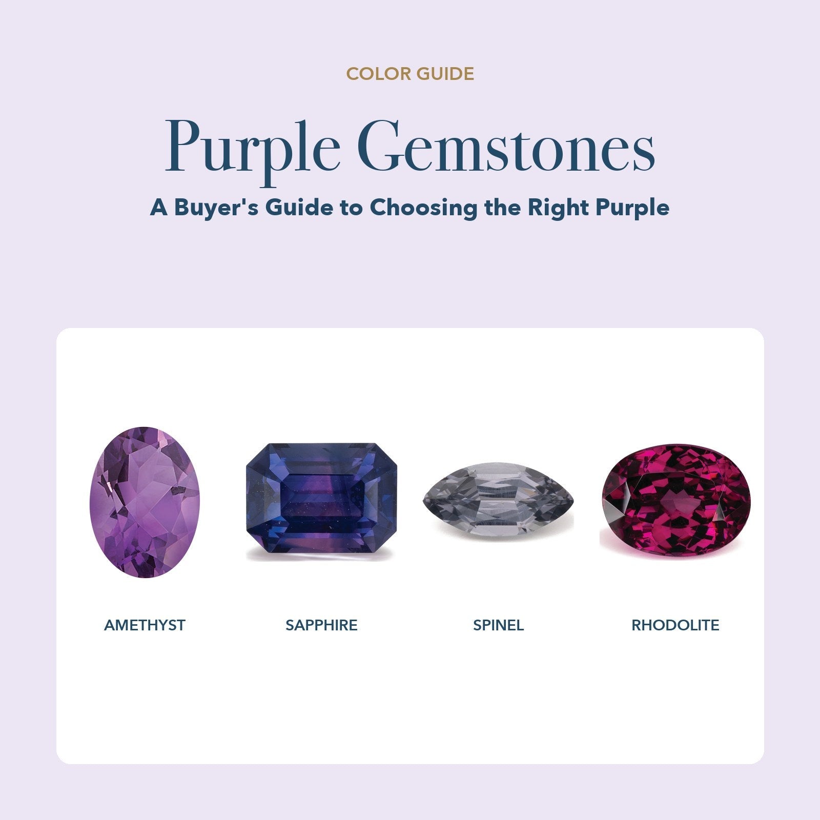 Purple Gemstones: purple amethyst, purple sapphire, purple spinel and purple rhodolite garnet on a white card over a soft purple page
