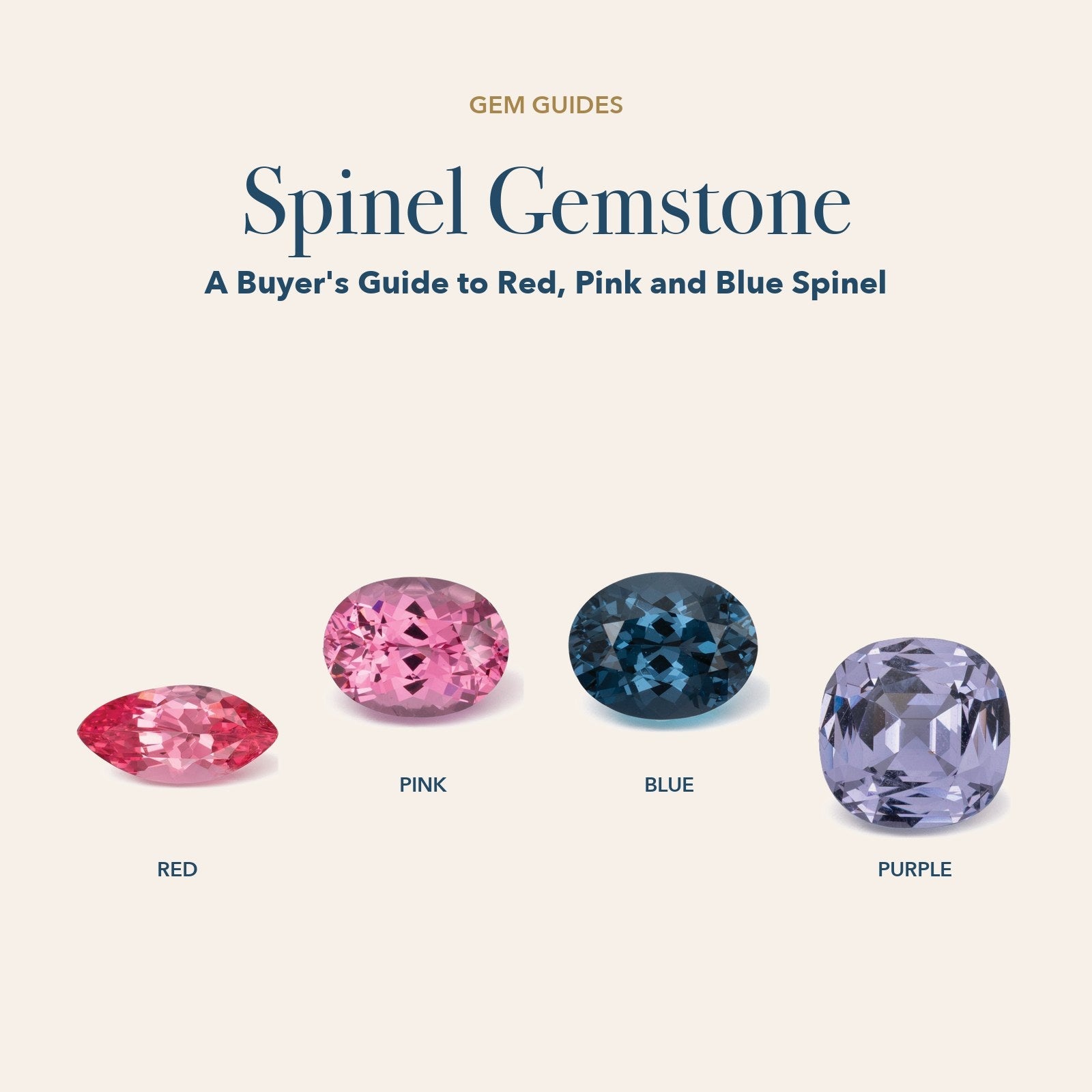 Spinel Gemstone: vivid red spinel, pink spinel, blue spinel and purple spinel in an arc