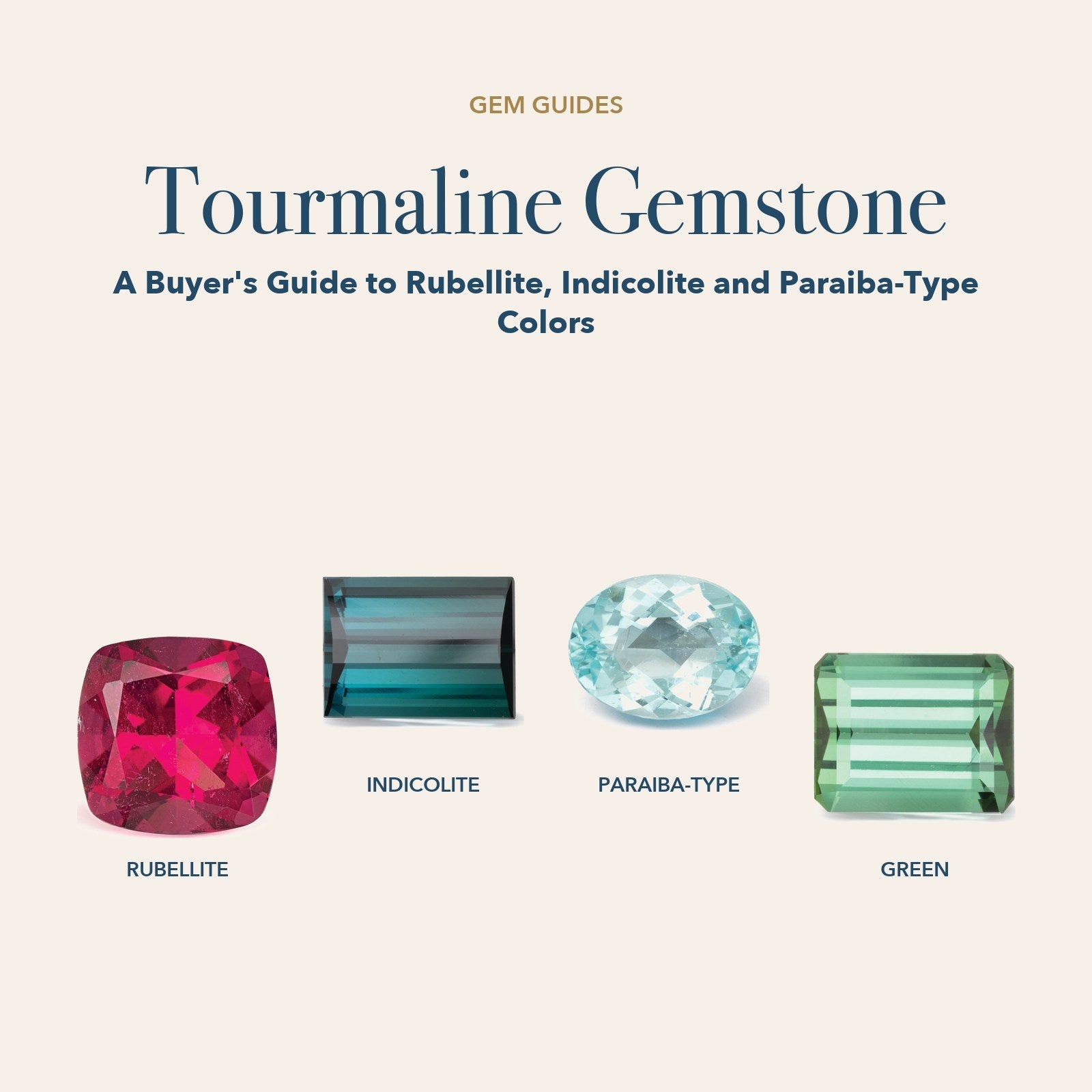 Tourmaline Gemstone: rubellite tourmaline, indicolite tourmaline, neon blue-green paraiba-type tourmaline and green tourmaline in an arc