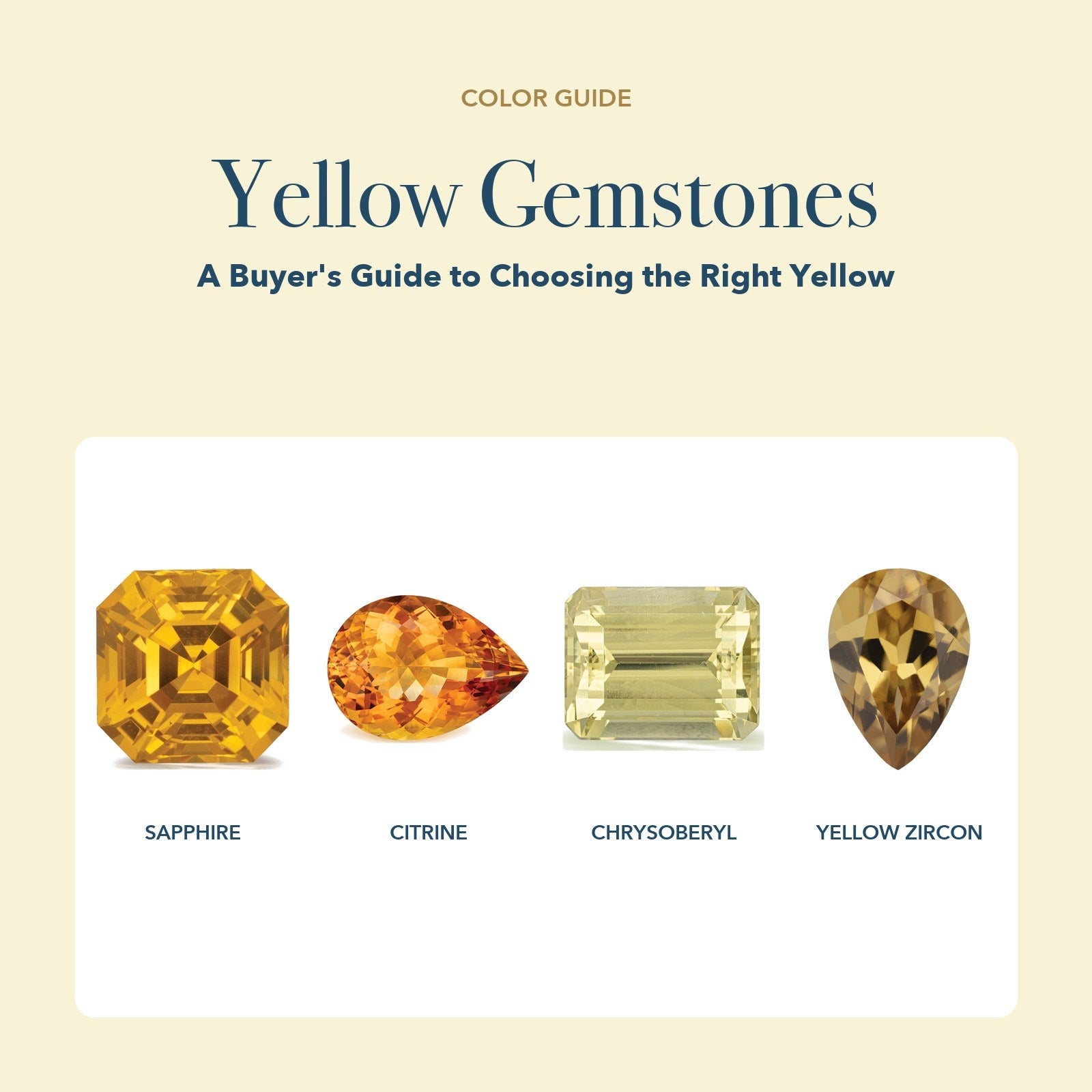 Yellow Gemstones: yellow sapphire, orange citrine, yellow chrysoberyl and yellow zircon on a white card over a soft yellow page