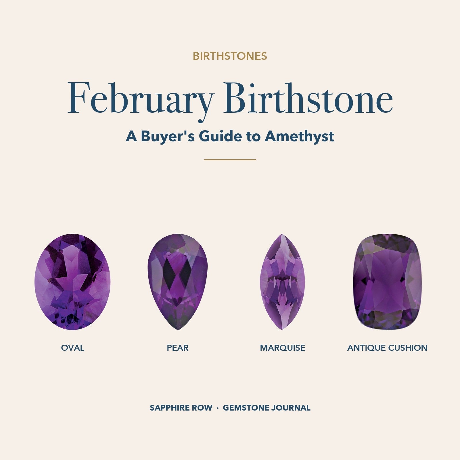 February Birthstone: oval purple amethyst, pear purple amethyst, marquise purple amethyst and antique cushion purple amethyst