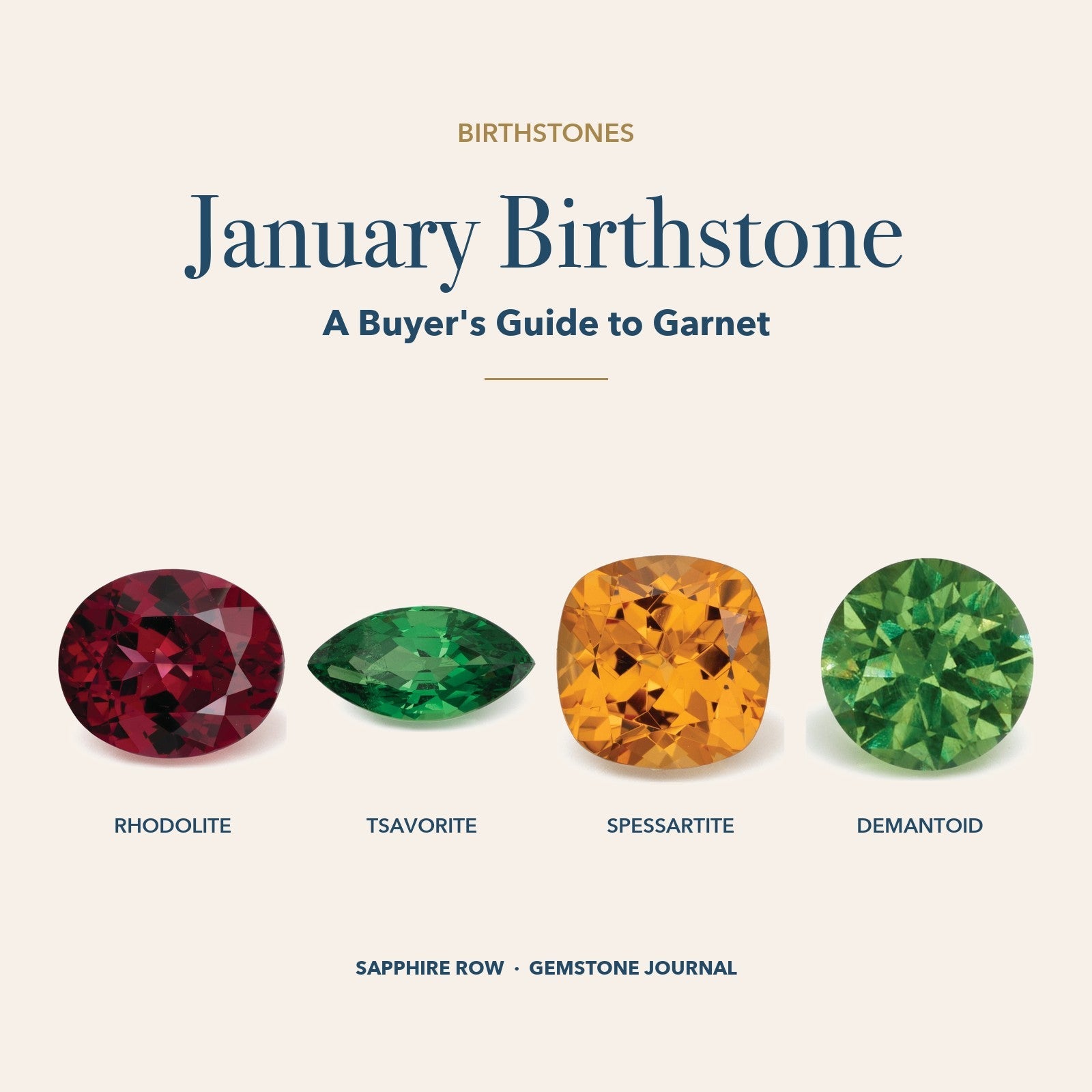 January Birthstone: purple rhodolite garnet, green tsavorite garnet, orange spessartite garnet and demantoid garnet