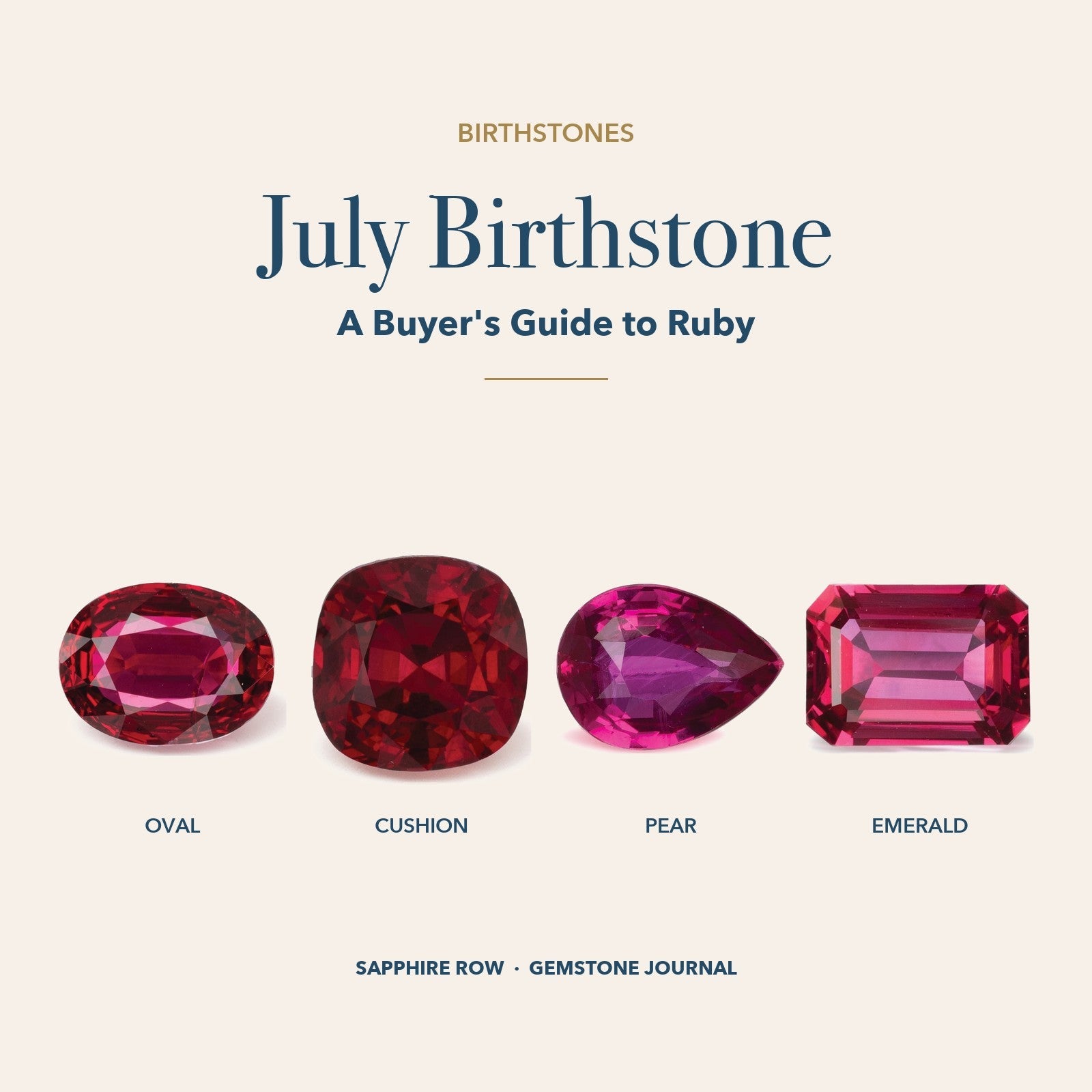 July Birthstone: oval red ruby, cushion red ruby, pear red ruby and emerald red ruby
