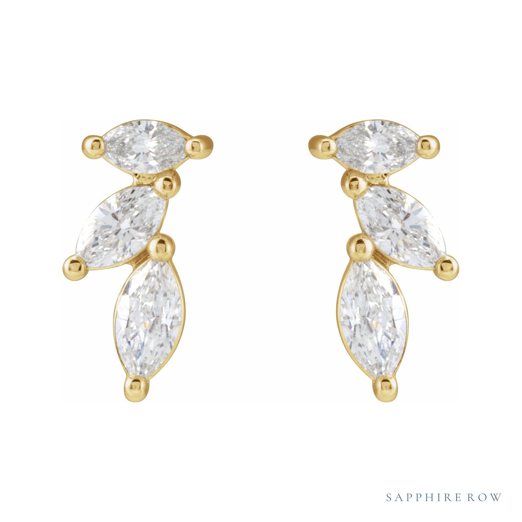 Sapphire Row Natural Diamond Trailing Marquise Earrings - Yellow Gold (view 2)