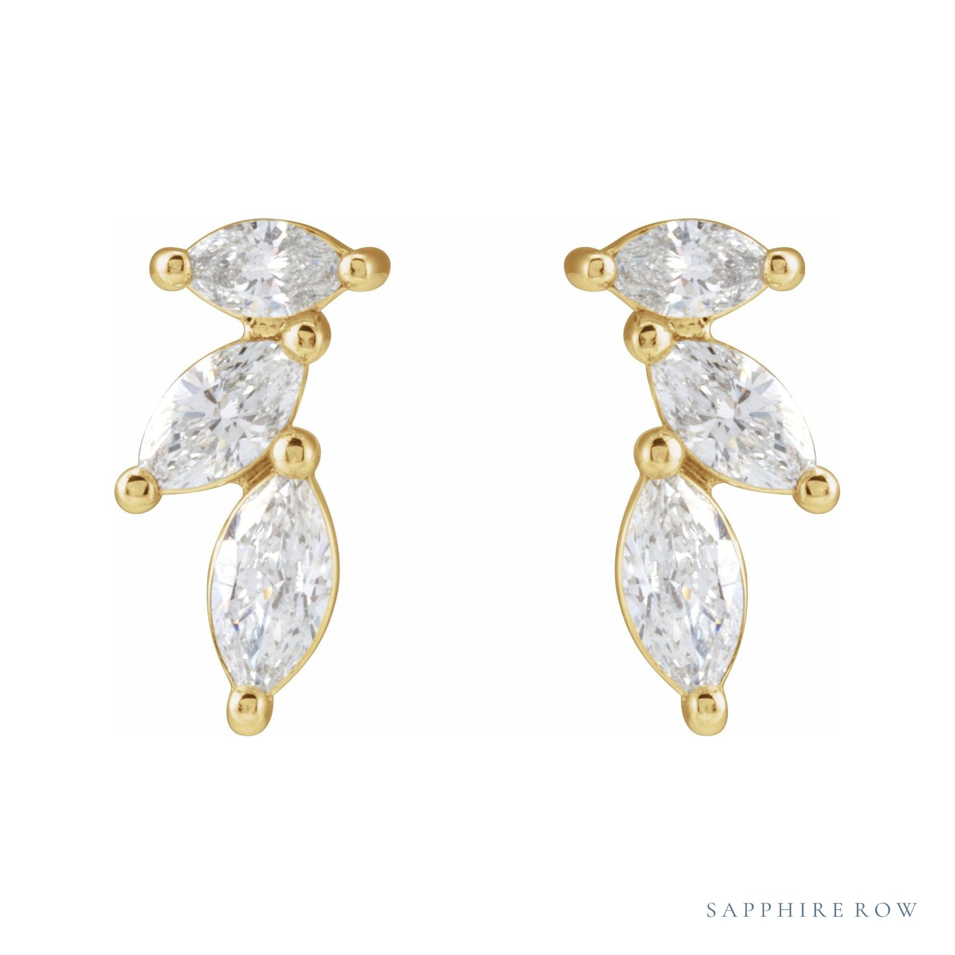 Sapphire Row Natural Diamond Trailing Marquise Earrings - Yellow Gold (view 2)
