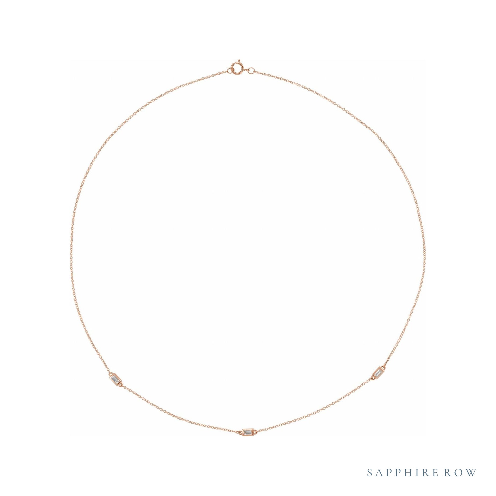 Sapphire Row Natural Diamond Baguette Station Necklace - Rose Gold, 24", 3-Station (1/5 ctw)