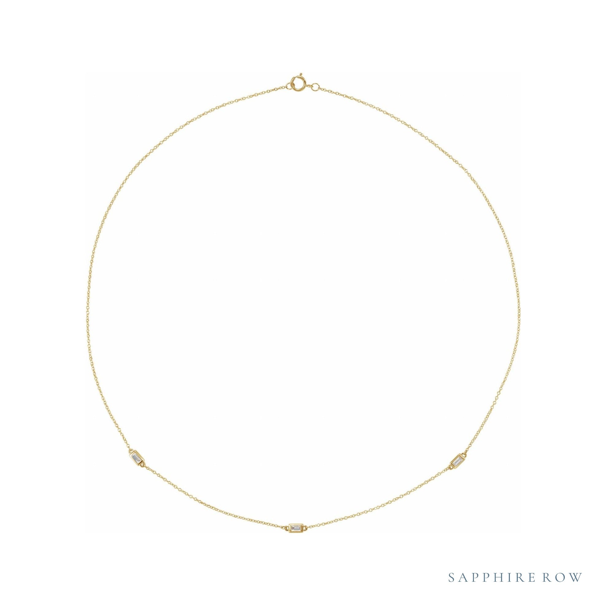 Sapphire Row Natural Diamond Baguette Station Necklace - Yellow Gold, 16", 3-Station (1/5 ctw)