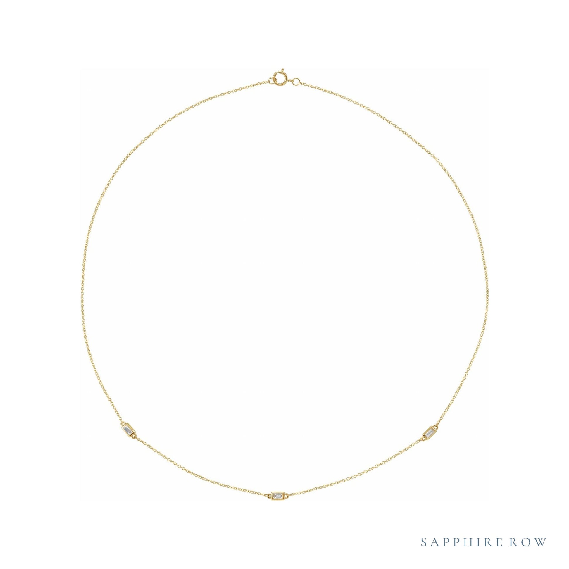 Sapphire Row Natural Diamond Baguette Station Necklace - Yellow Gold, 24", 3-Station (1/5 ctw)