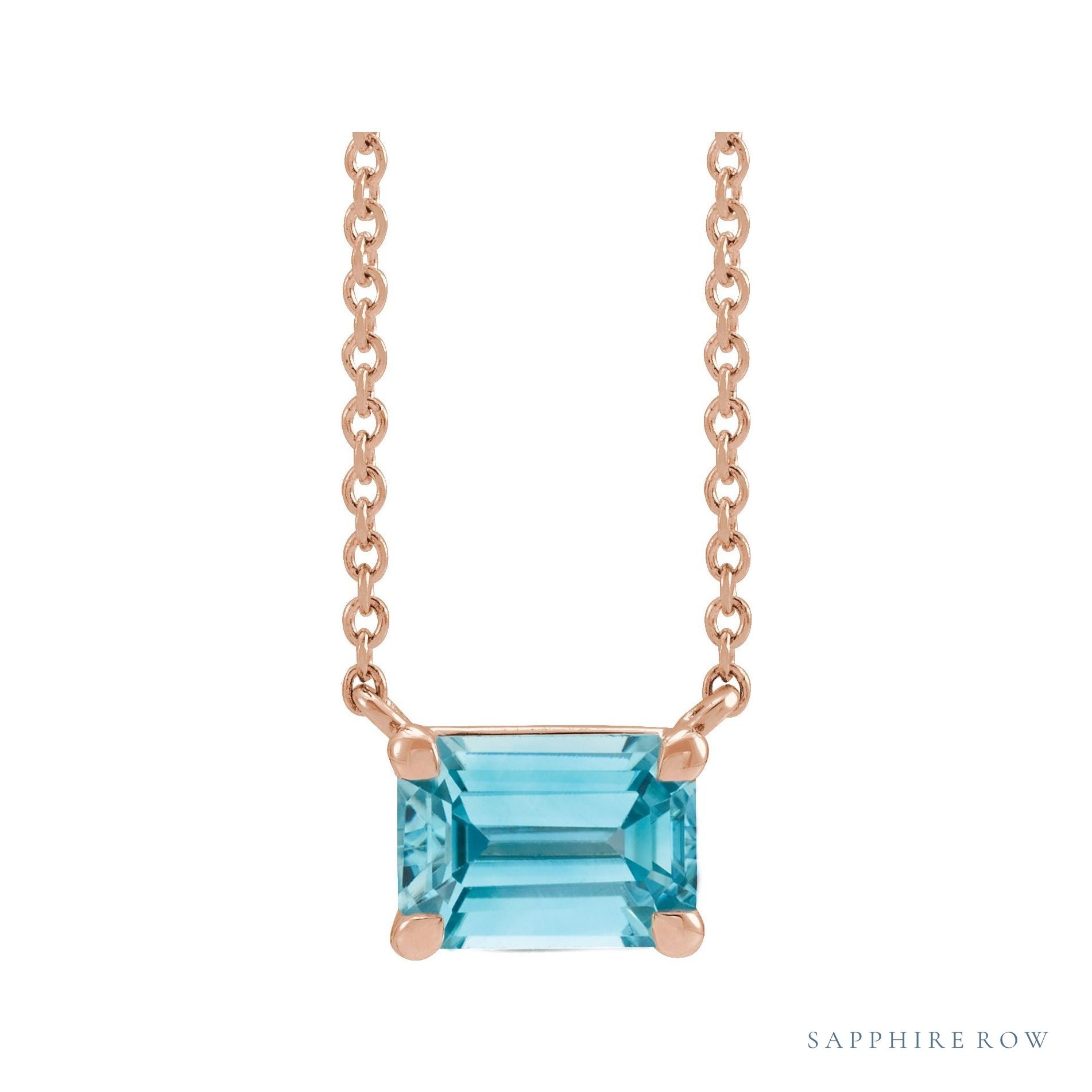 Sapphire Row Natural Emerald-Cut Gemstone Necklace - Blue Zircon, Rose Gold