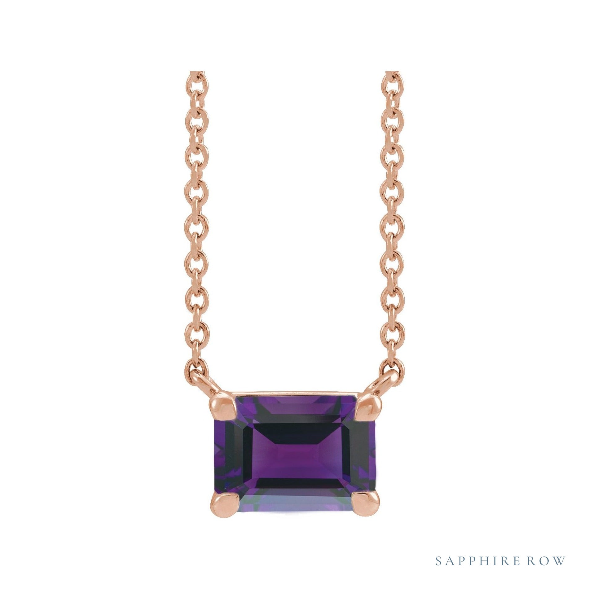 Sapphire Row Natural Emerald-Cut Gemstone Necklace - Amethyst, Rose Gold