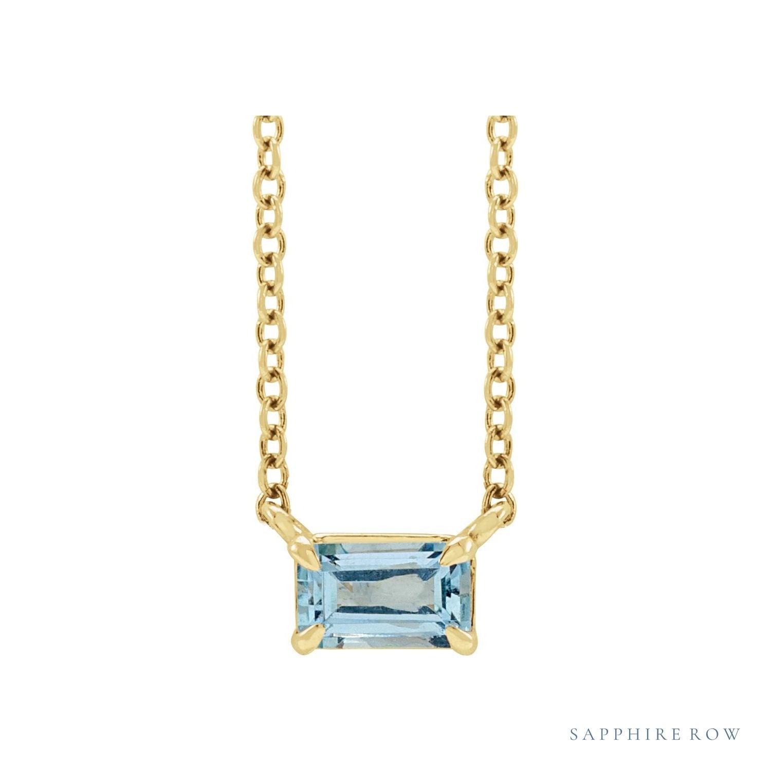 Sapphire Row Natural Emerald-Cut Gemstone Necklace - Aquamarine, Yellow Gold