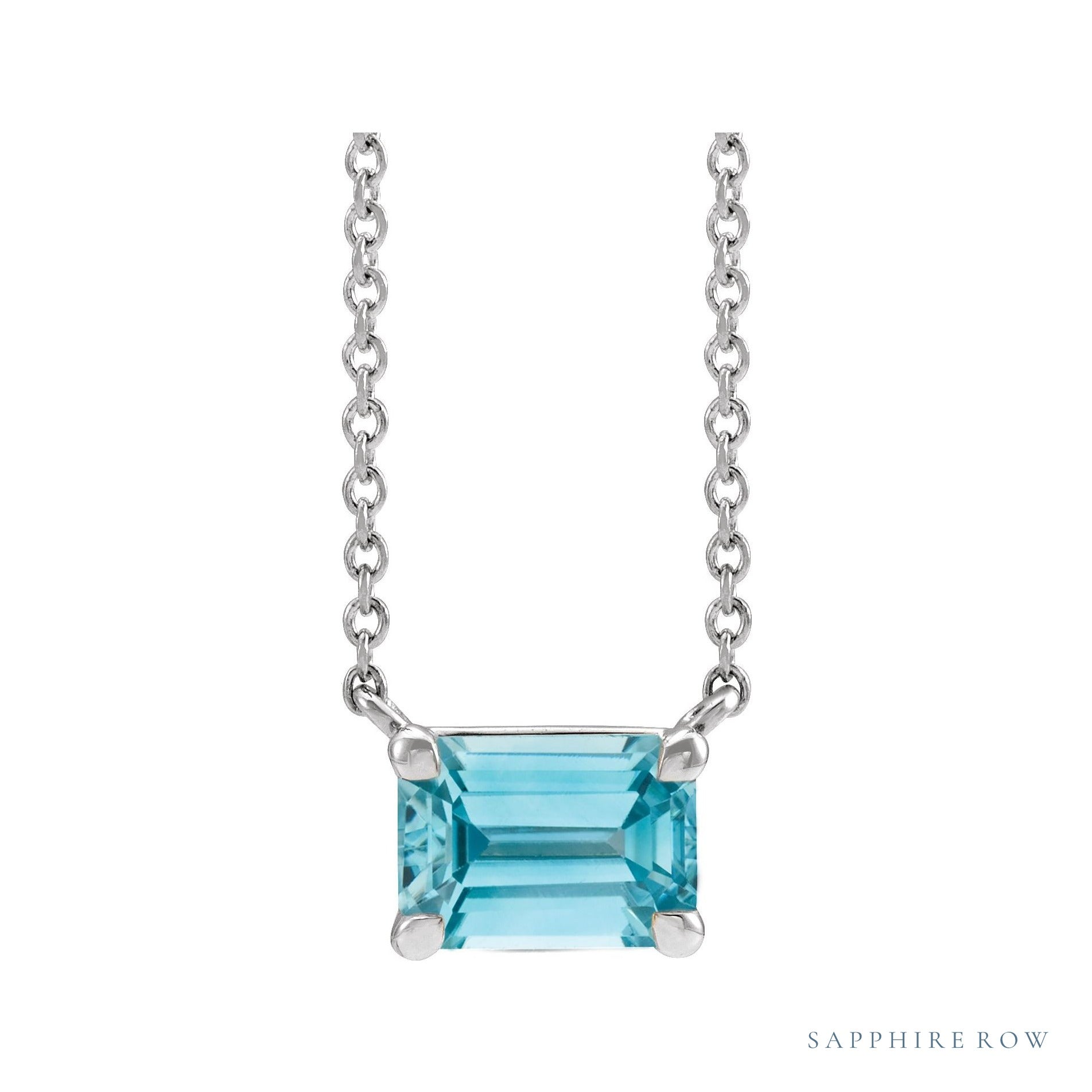 Sapphire Row Natural Emerald-Cut Gemstone Necklace - Blue Zircon, White Gold