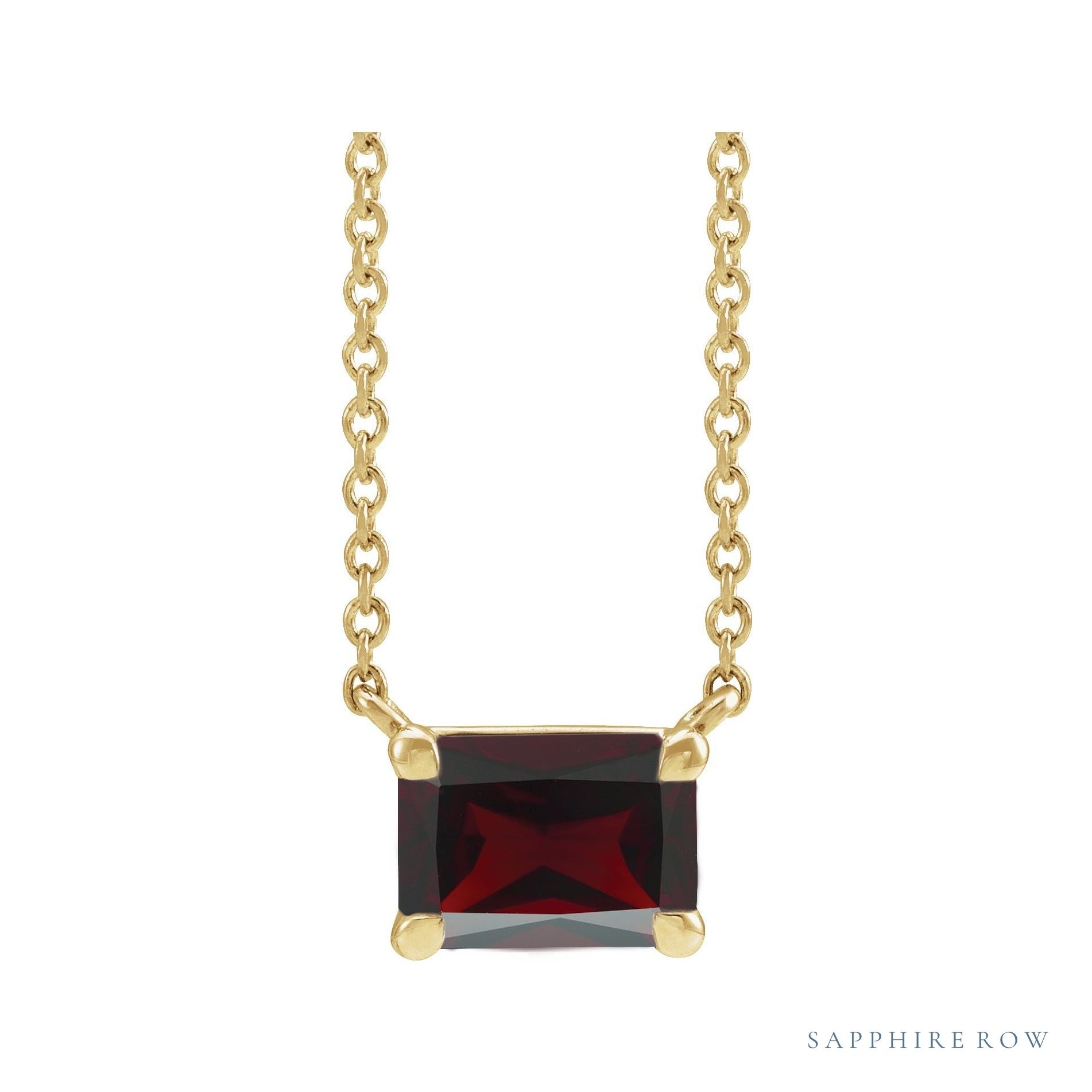 Sapphire Row Natural Emerald-Cut Gemstone Necklace - Red Garnet, Yellow Gold