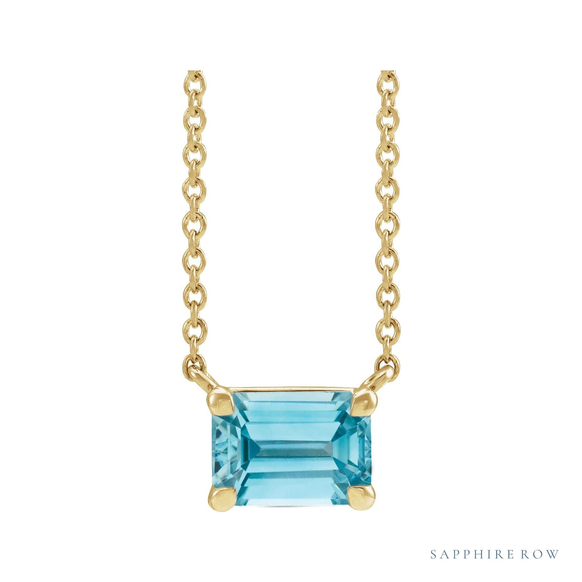 Sapphire Row Natural Emerald-Cut Gemstone Necklace - Blue Zircon, Yellow Gold