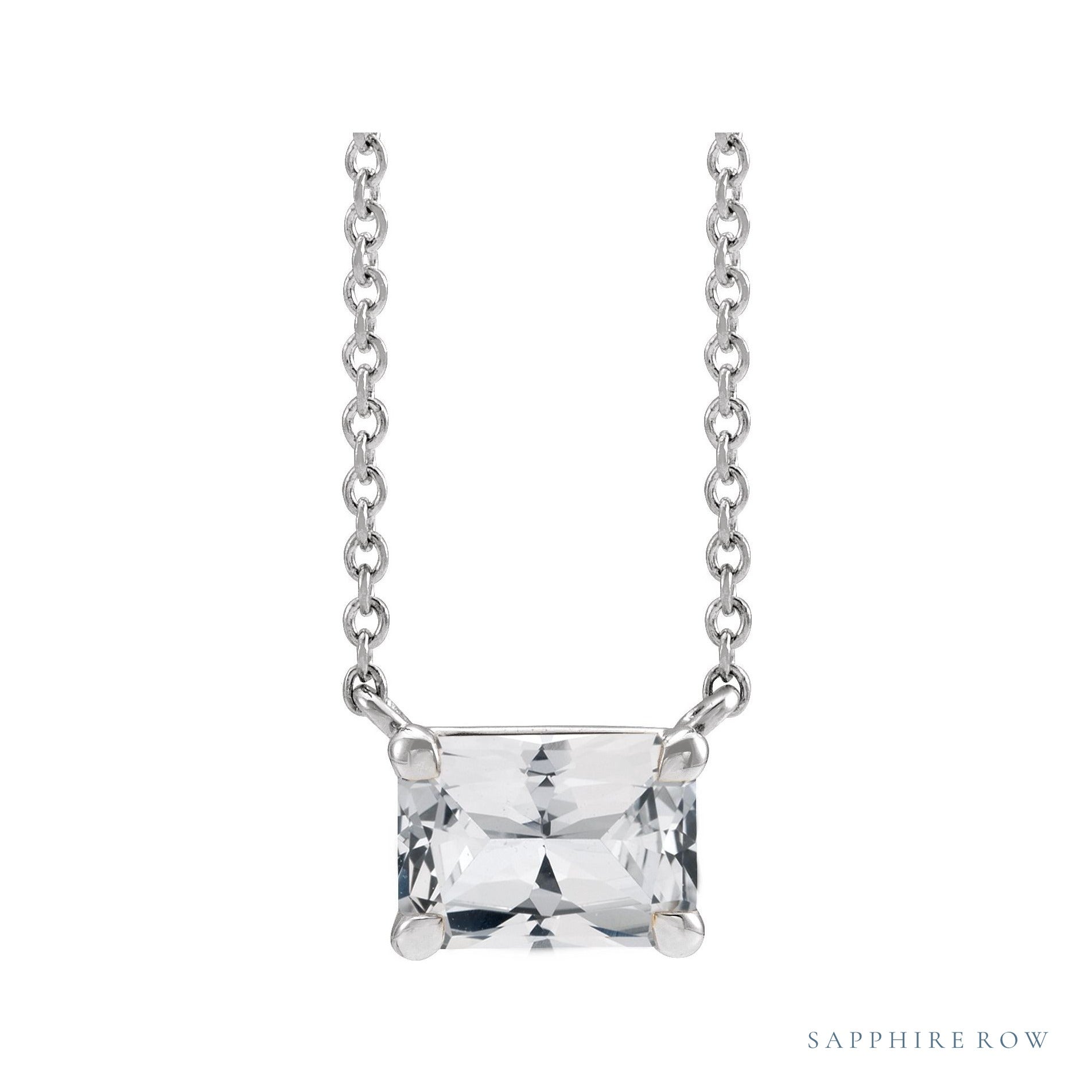 Sapphire Row Natural Emerald-Cut Gemstone Necklace - White Sapphire, Platinum