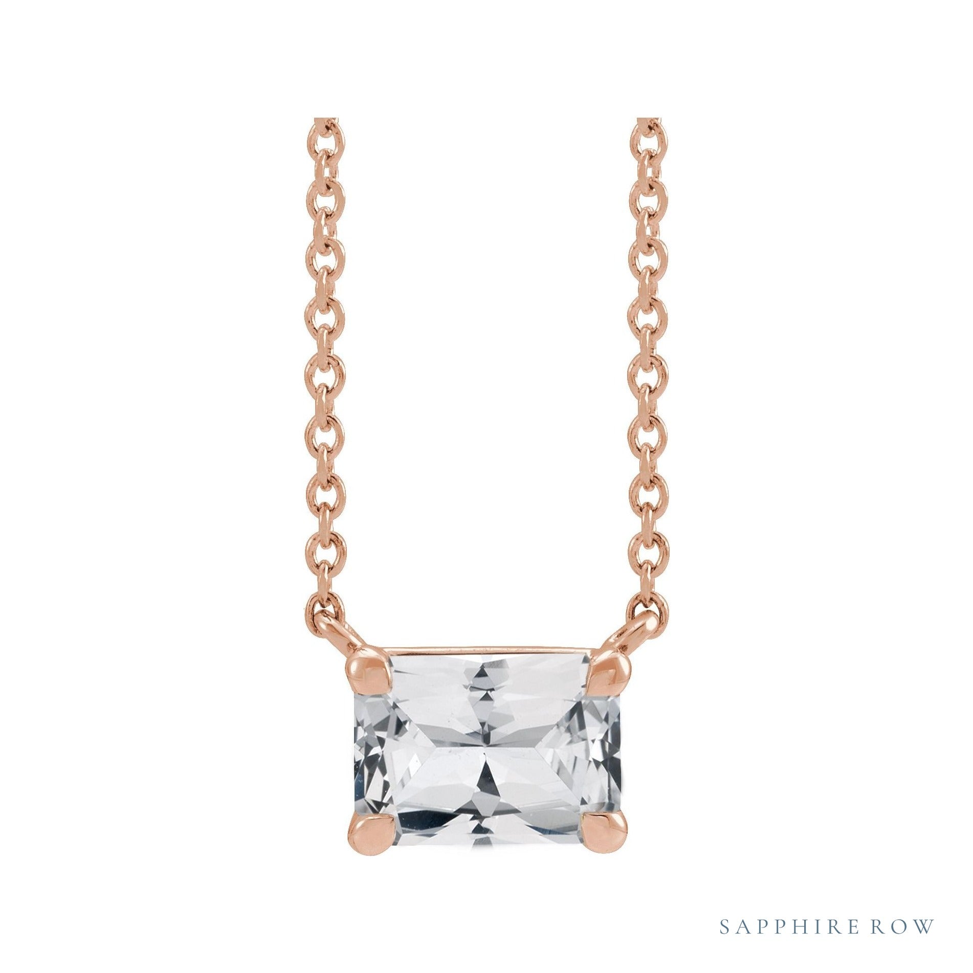 Sapphire Row Natural Emerald-Cut Gemstone Necklace - White Sapphire, Rose Gold