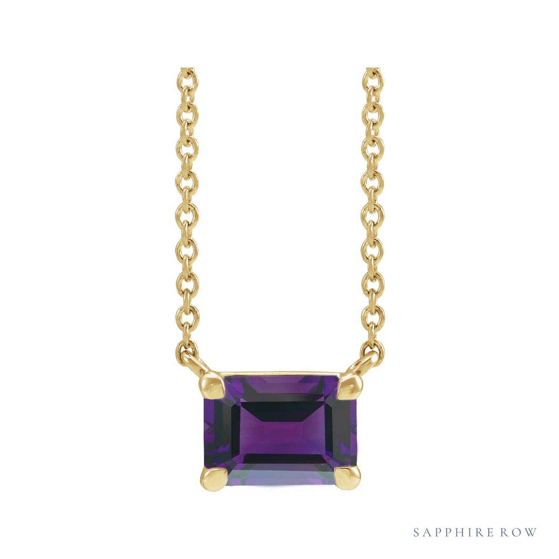 Sapphire Row Natural Emerald-Cut Gemstone Necklace - Amethyst, Yellow Gold