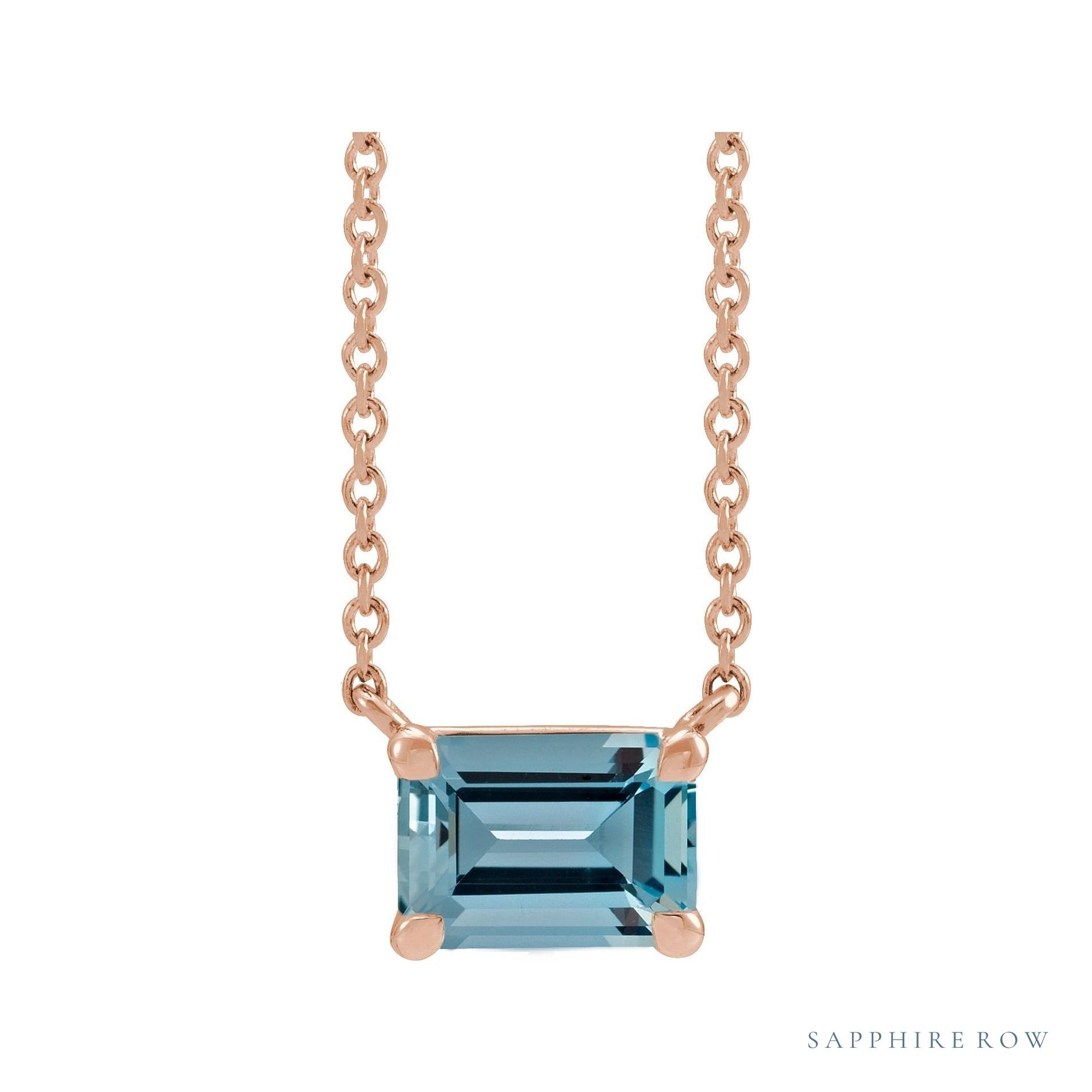 Sapphire Row Natural Emerald-Cut Gemstone Necklace - Aquamarine, Rose Gold