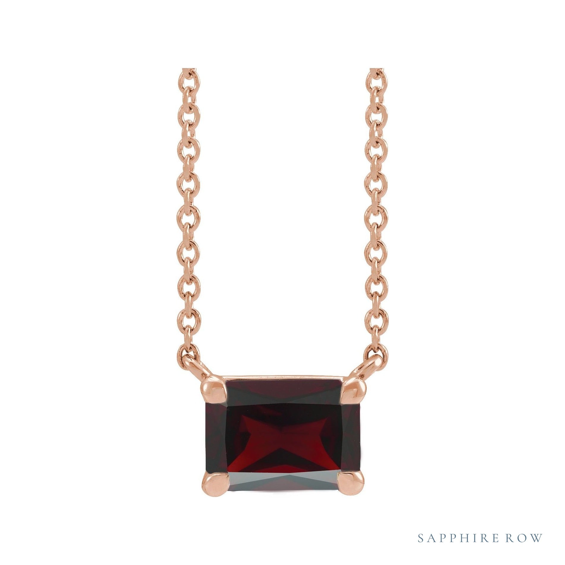 Sapphire Row Natural Emerald-Cut Gemstone Necklace - Red Garnet, Rose Gold
