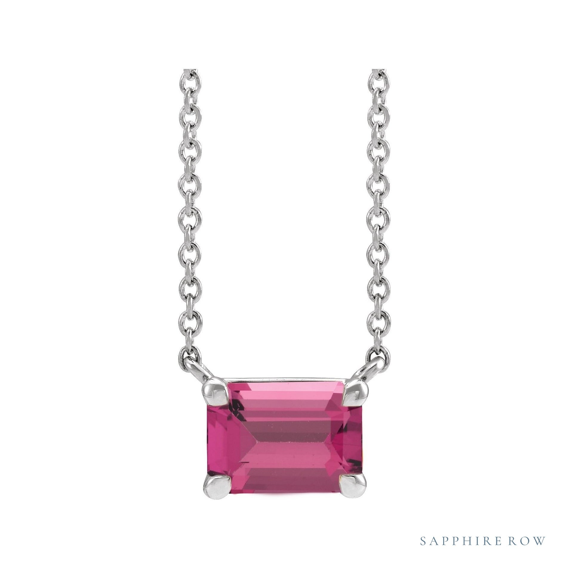 Sapphire Row Natural Emerald-Cut Gemstone Necklace - Pink Tourmaline, White Gold