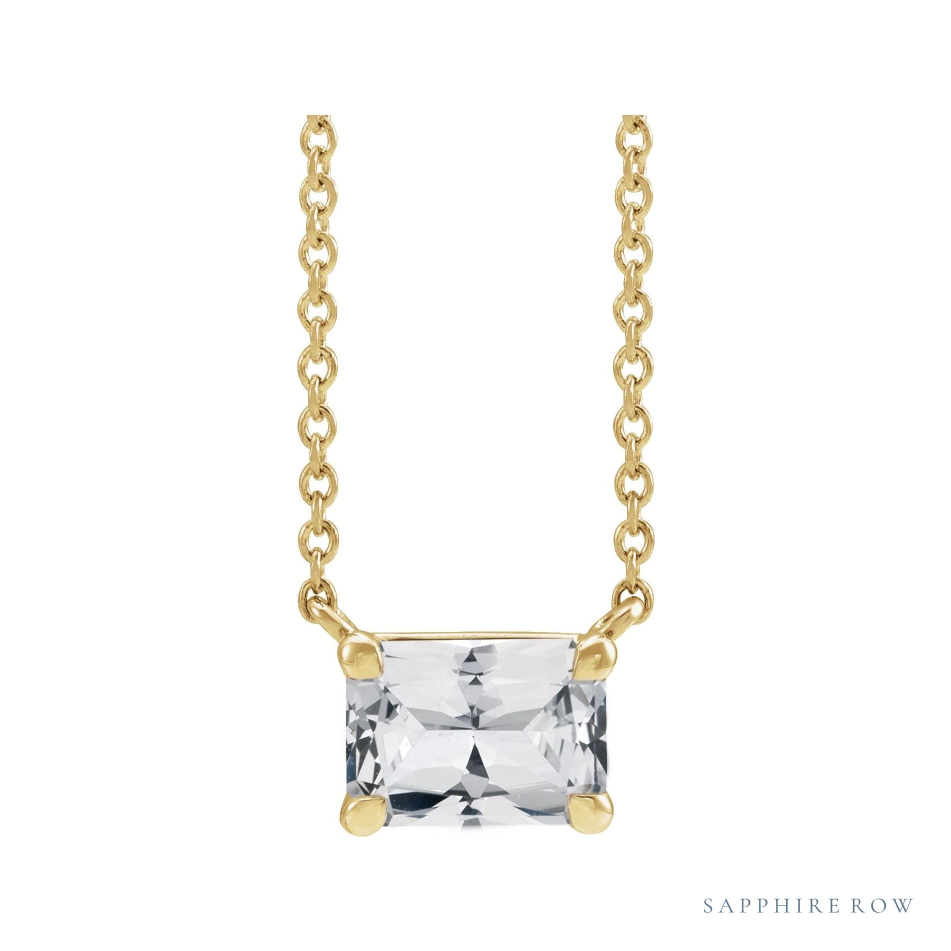 Sapphire Row Natural Emerald-Cut Gemstone Necklace - White Sapphire, Yellow Gold