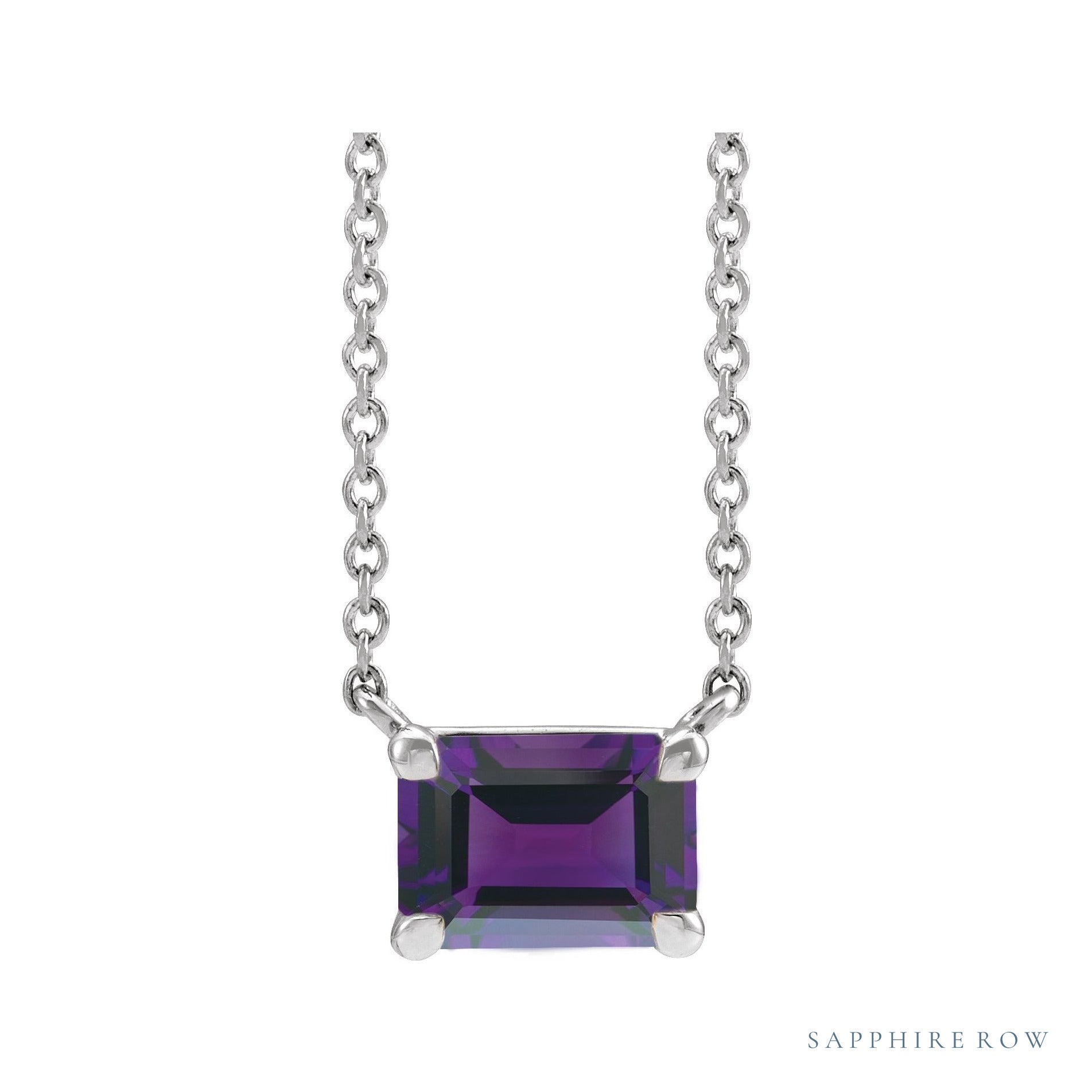 Sapphire Row Natural Emerald-Cut Gemstone Necklace - Amethyst, White Gold