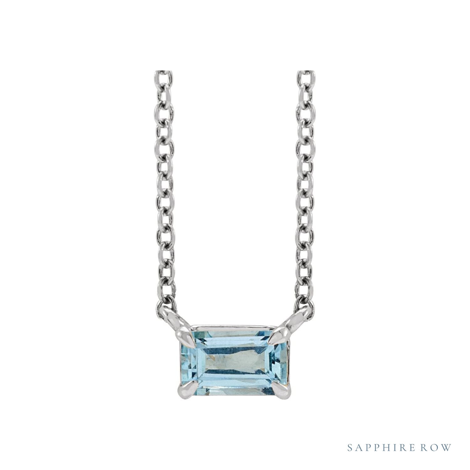 Sapphire Row Natural Emerald-Cut Gemstone Necklace - Aquamarine, Platinum