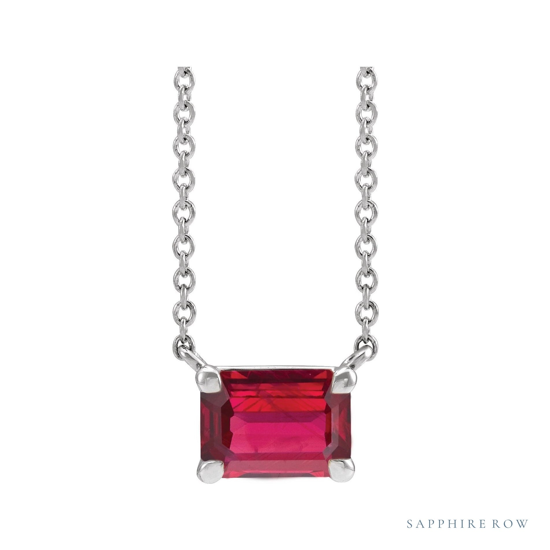 Sapphire Row Lab-Grown Emerald-Cut Gemstone Necklace - Ruby, White Gold
