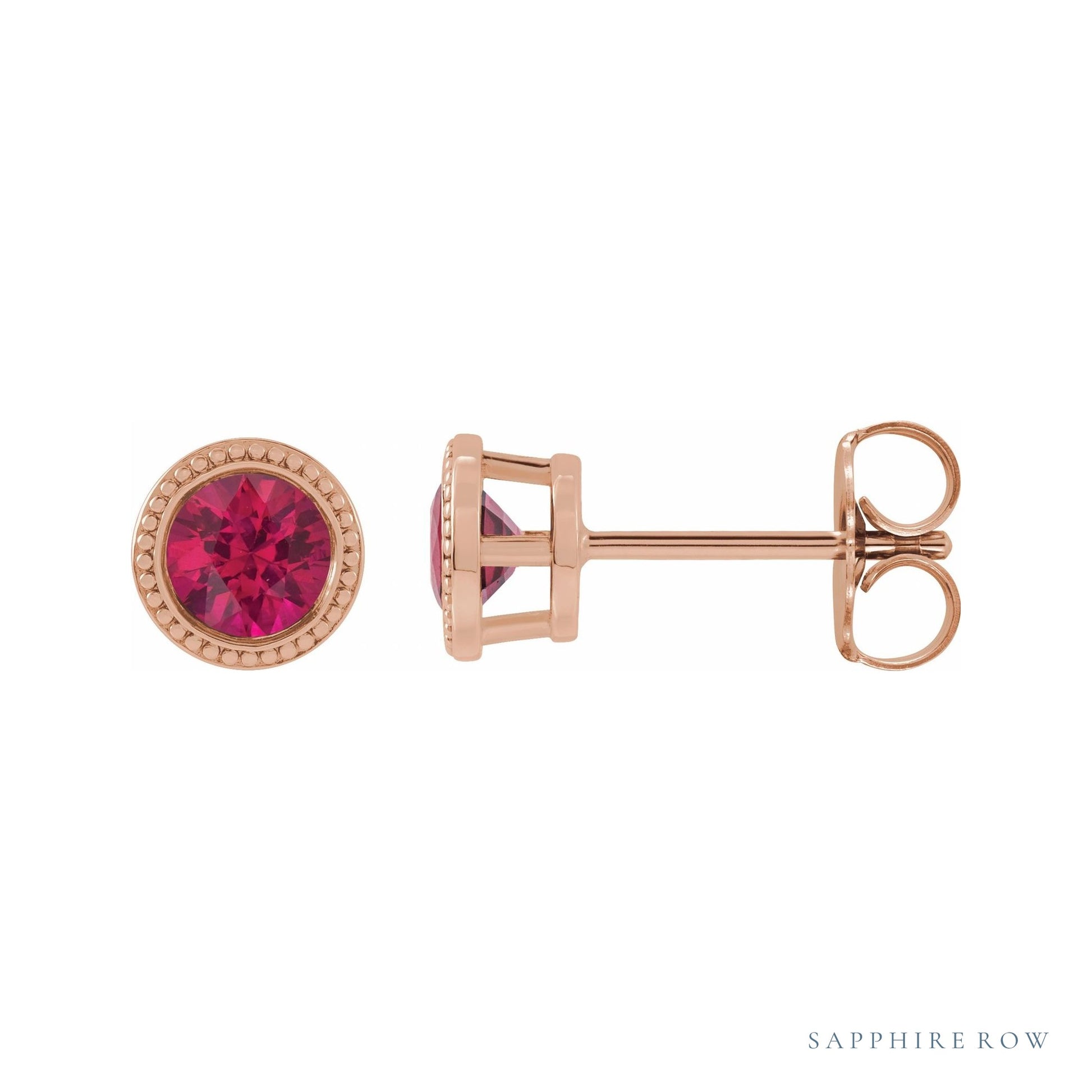 Sapphire Row Natural Bezel-Set Gemstone Studs - Ruby, Rose Gold