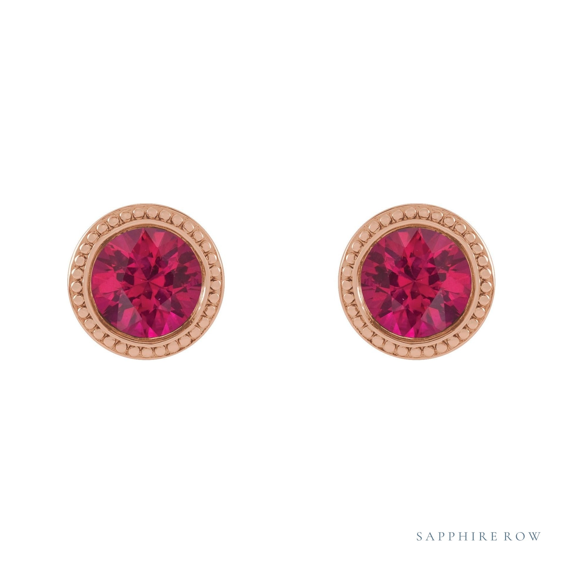 Sapphire Row Natural Bezel-Set Gemstone Studs - Ruby, Rose Gold (view 2)