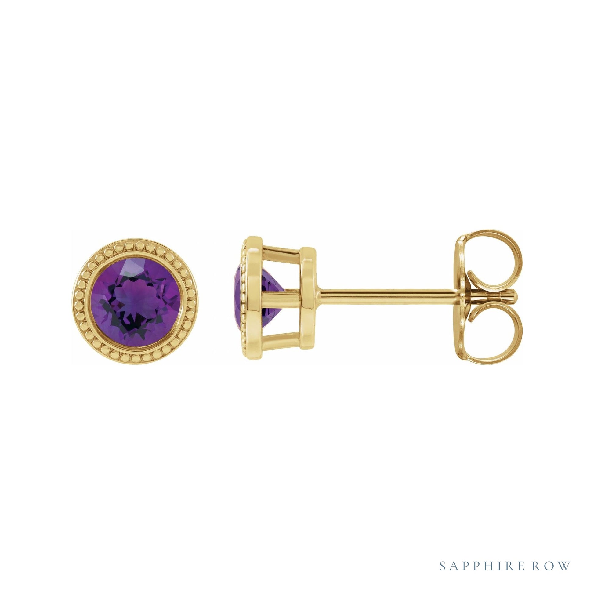 Sapphire Row Natural Bezel-Set Gemstone Studs - Amethyst, Yellow Gold