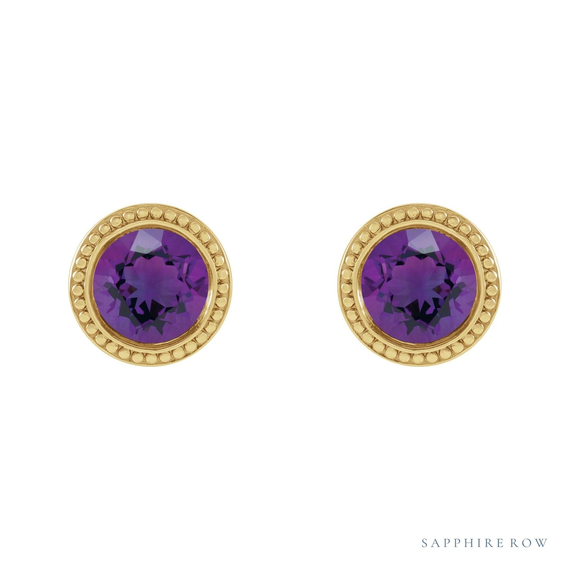 Sapphire Row Natural Bezel-Set Gemstone Studs - Amethyst, Yellow Gold (view 2)