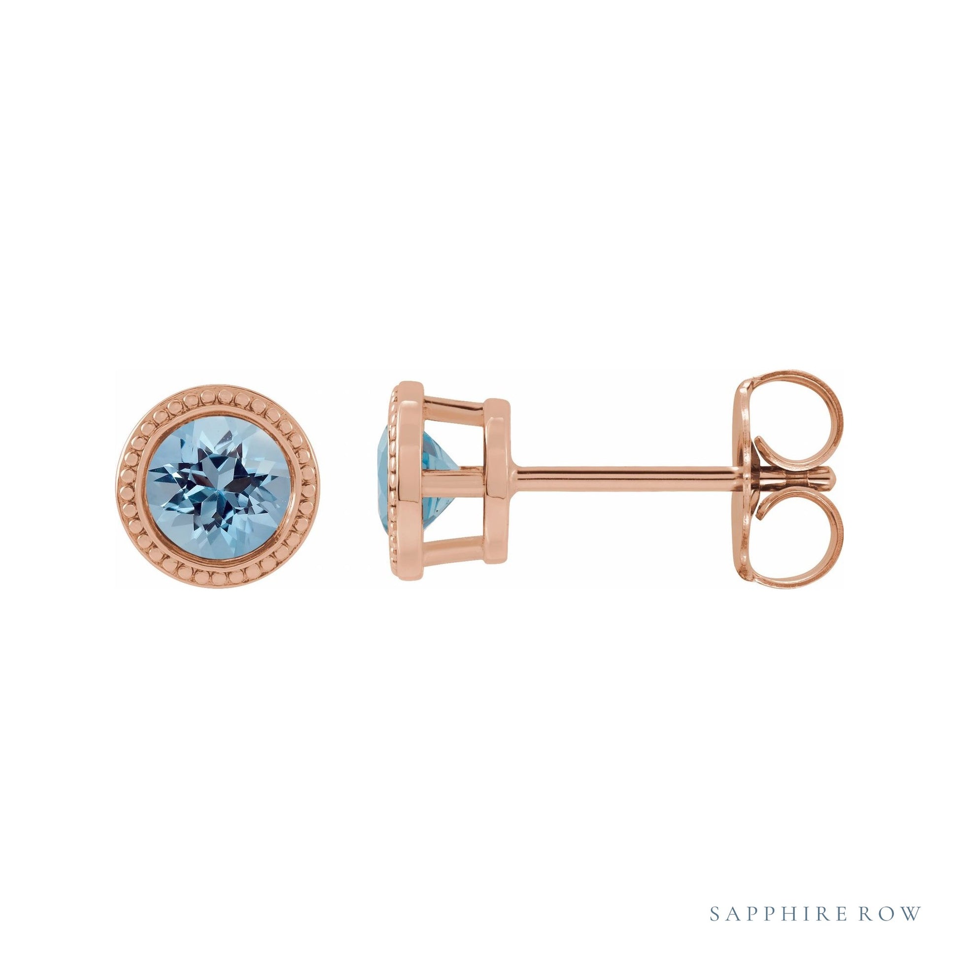 Sapphire Row Natural Bezel-Set Gemstone Studs - Aquamarine, Rose Gold