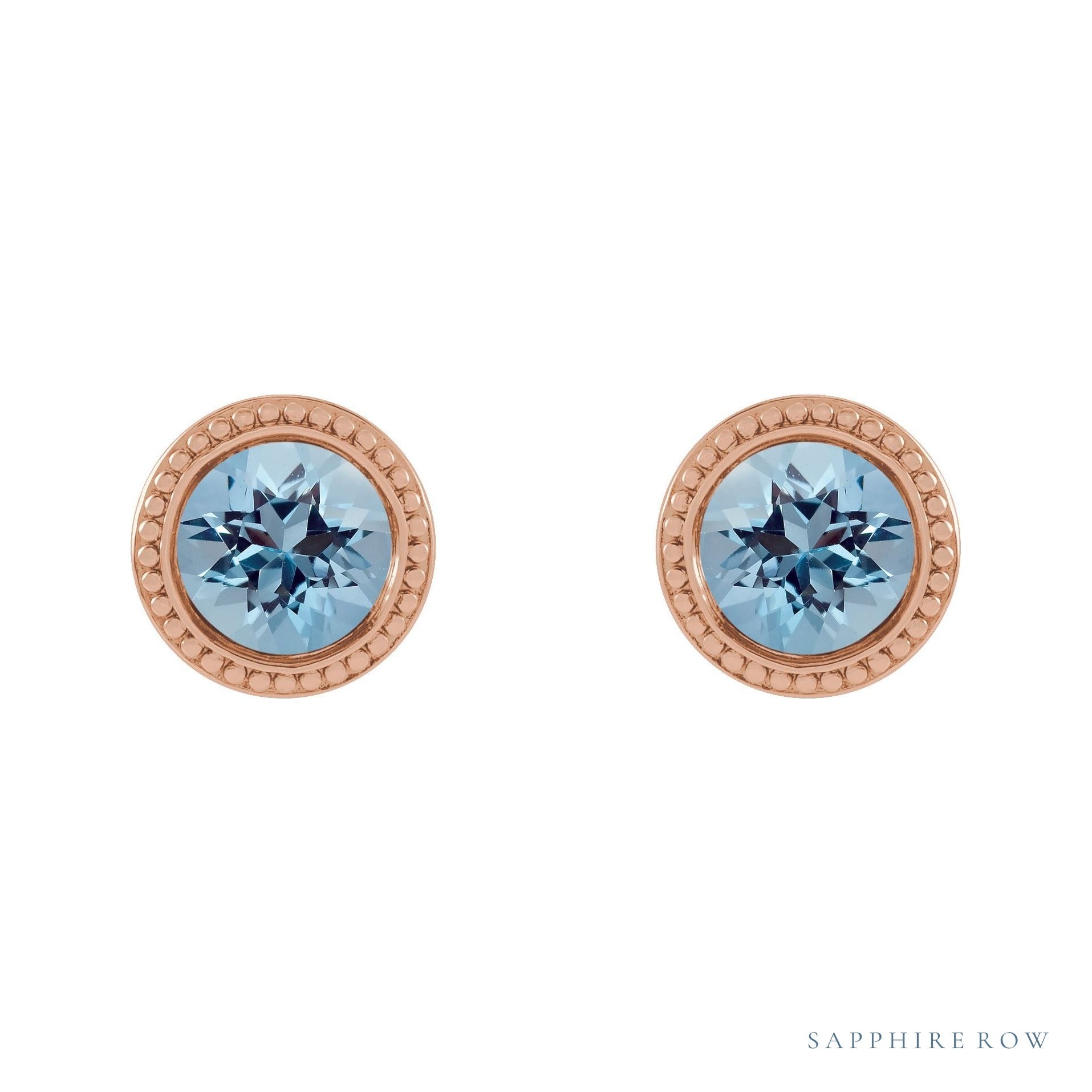 Sapphire Row Natural Bezel-Set Gemstone Studs - Aquamarine, Rose Gold (view 2)