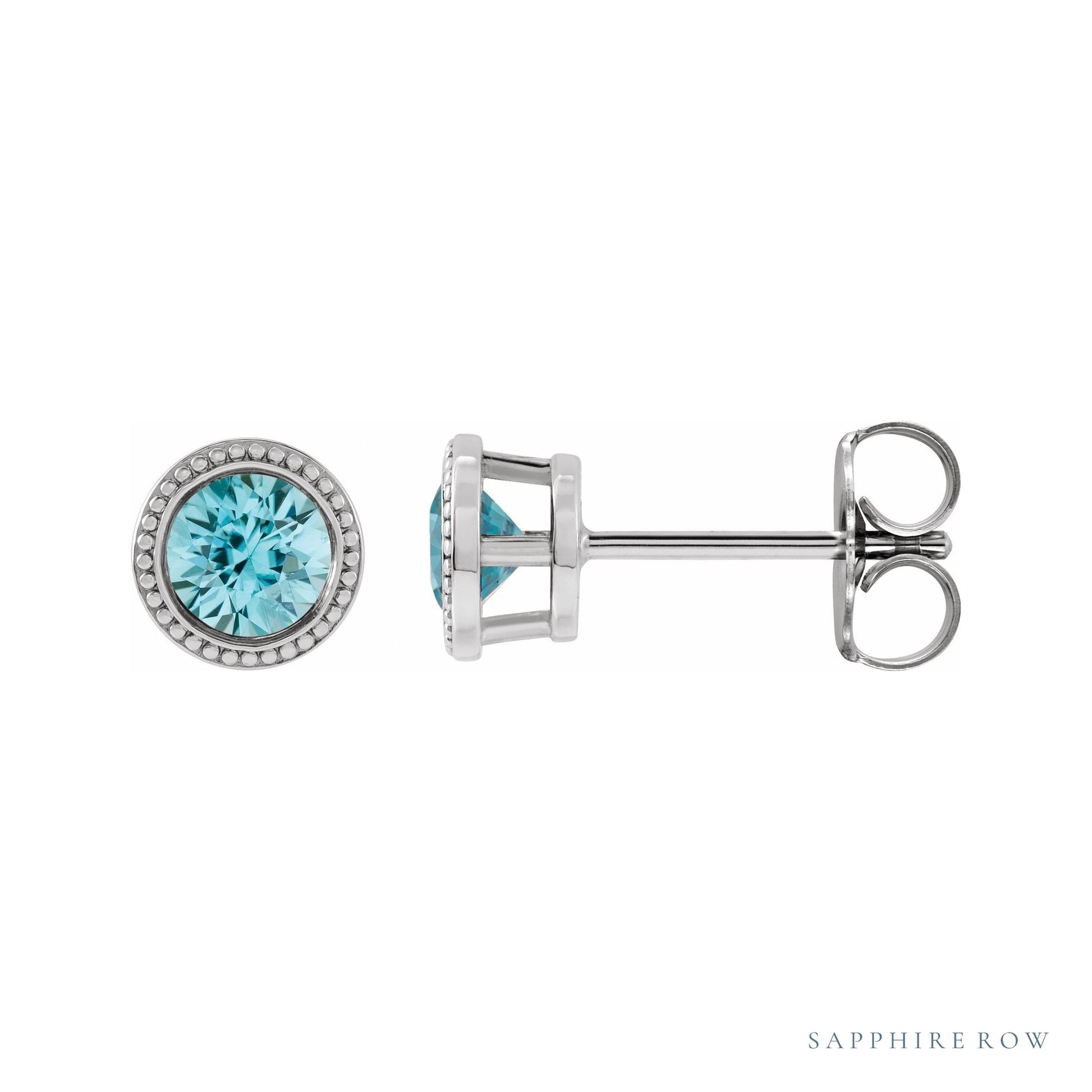 Sapphire Row Natural Bezel-Set Gemstone Studs - Blue Zircon, Platinum